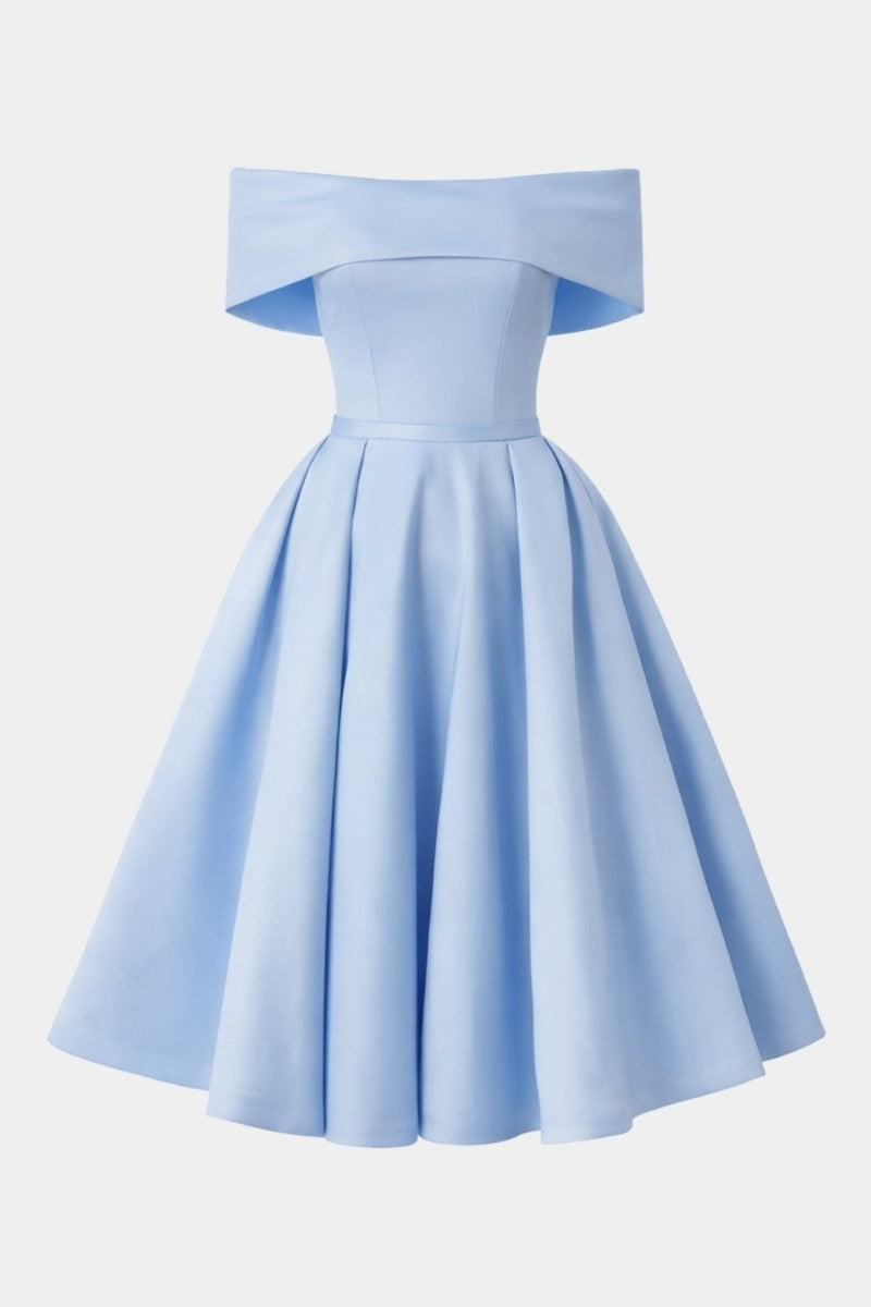 Front flat lay product shot of sky blue off the shoulder flared midi dress