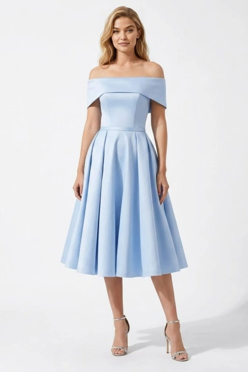 Woman wearing Fenlo Form sky blue off the shoulder A-line midi cocktail dress standing facing forward