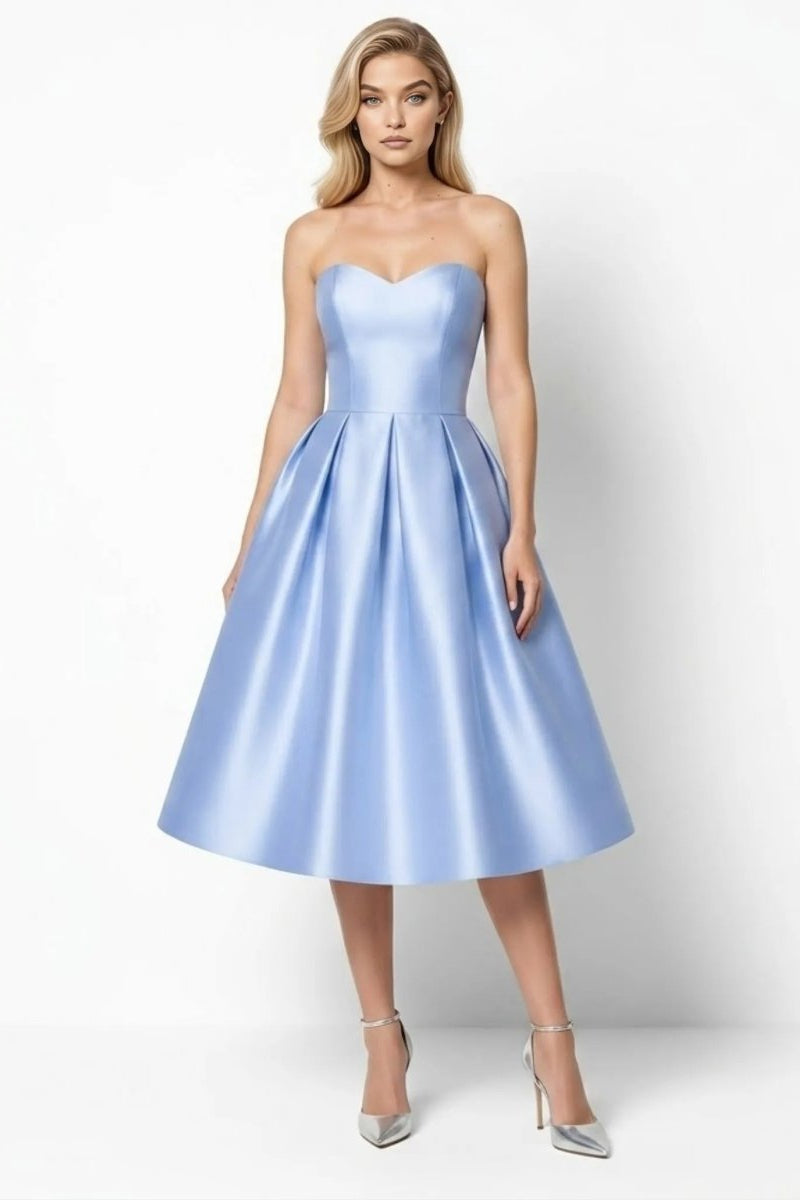 Front view of the sky blue strapless sweetheart satin midi dress with pleated A-line skirt by Fenlo Form