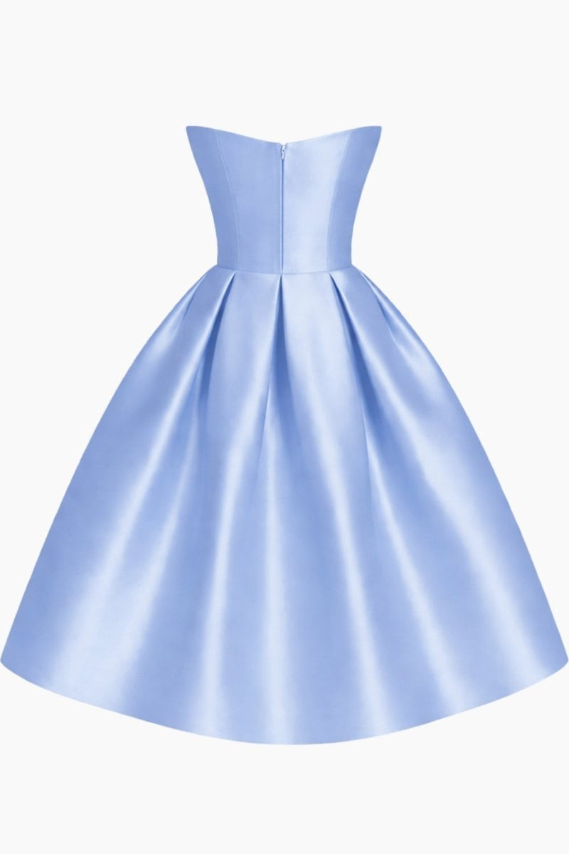 Back detail of the sky blue satin midi dress product shot showing zip closure and symmetrical pleating without model