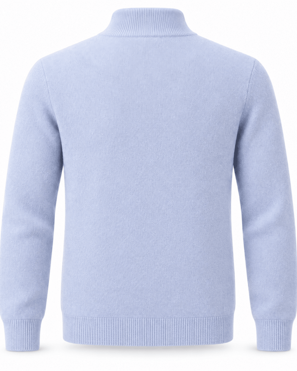 A sky blue knit sweater with a mock neck, long sleeves, and ribbed cuffs and hem, shown from the back on a white background.