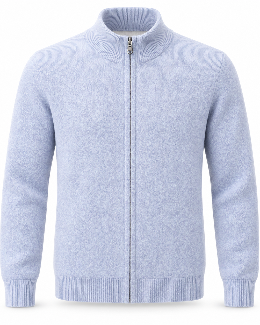 A sky blue knit zip-up jacket with a mock neck, ribbed collar, cuffs, and hem, shown on a plain white background.