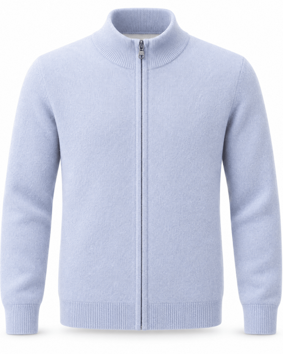 A sky blue knit zip-up jacket with a mock neck, ribbed collar, cuffs, and hem, shown on a plain white background.