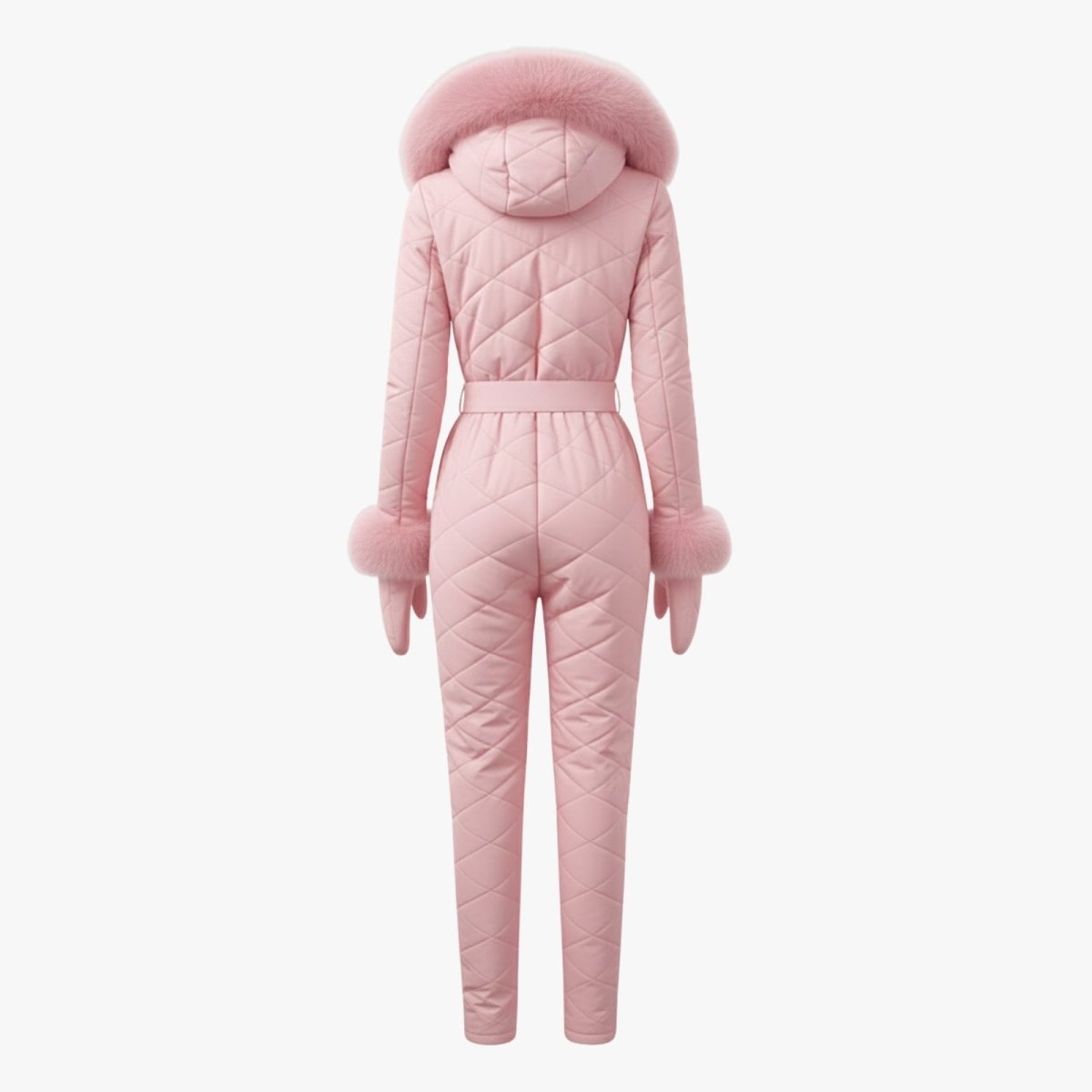 Product flatlay showing the back of the pink insulated snow jumpsuit, detailing the diamond quilting and hood.
