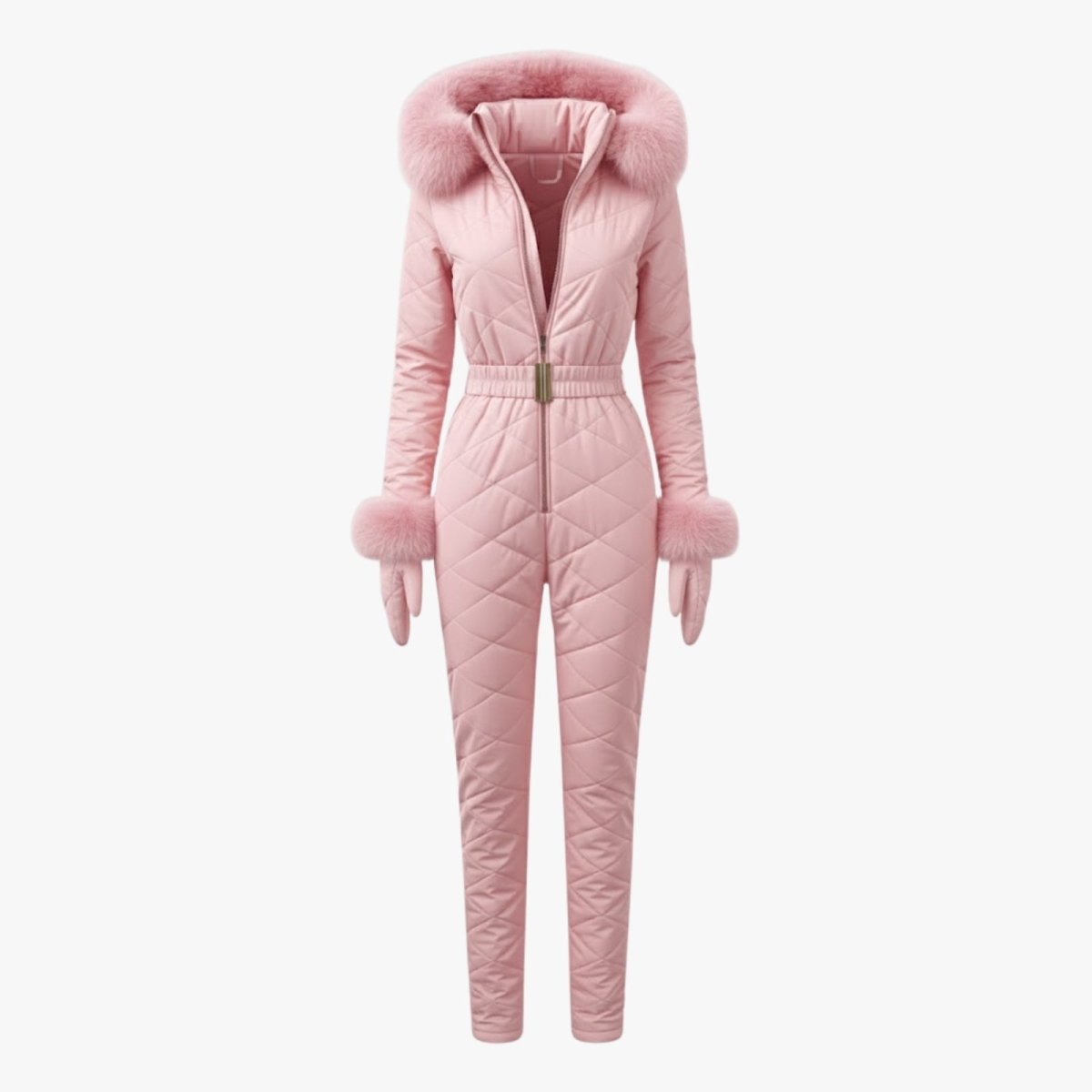 Product flatlay of the pink ski suit and matching gloves, showing the full front design, zip, and belt details.