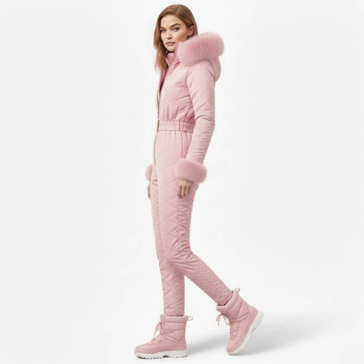 Side profile of a model walking in a fitted pink snowsuit, showcasing the slim fit and faux fur cuffs.