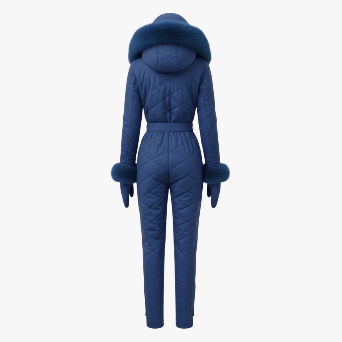 Back product shot of the blue quilted one-piece ski suit, showing the rear design and belted waist.