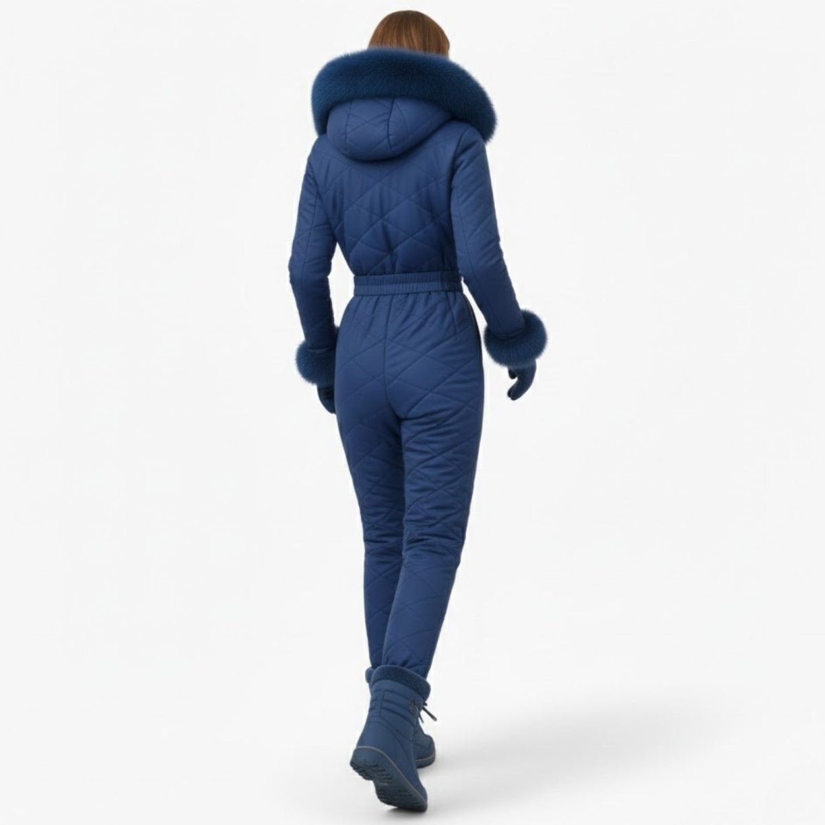 Back view of a model walking away in the blue Skyla ski suit, highlighting the quilted pattern and fur-trimmed hood.