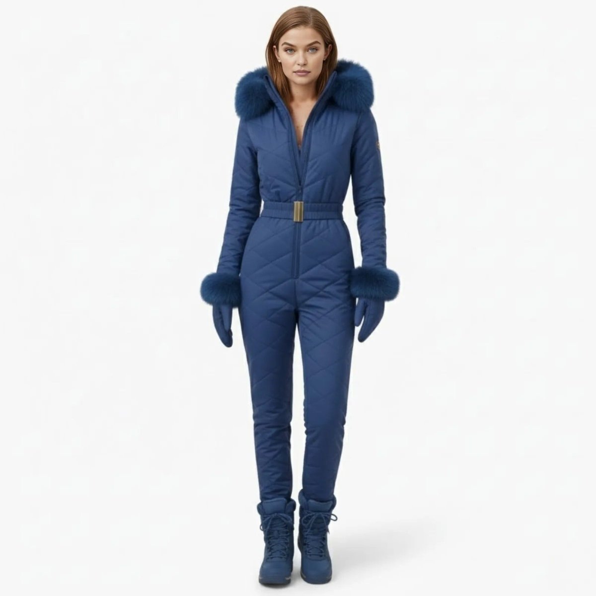 Model wearing blue quilted Skyla ski suit with a faux fur hood and matching gloves, viewed from the front against a white background.