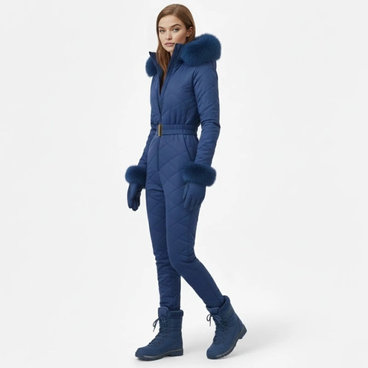 Model in a three-quarter pose wearing the blue Skyla ski suit, showcasing its slim fit and belted waist.
