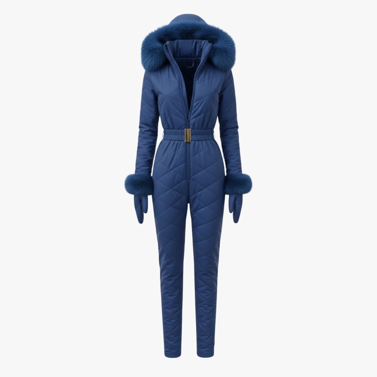 Front product shot of the blue quilted ski suit with faux fur trim, belt, and gloves laid flat on a white background.