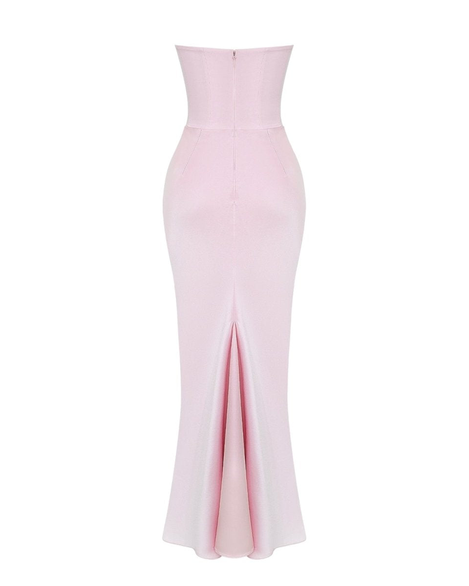 Pink strapless gown on a white background