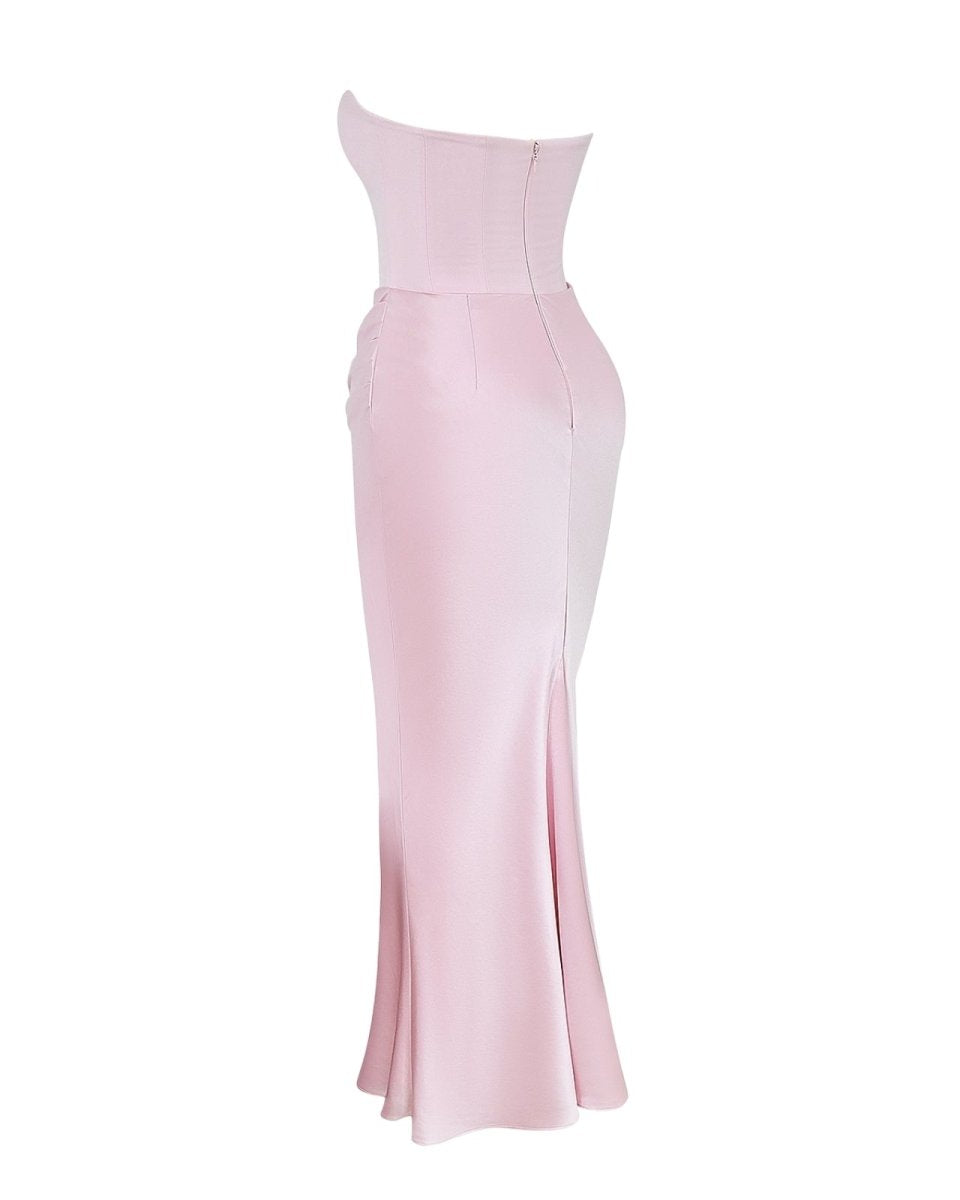 Pink strapless gown on a white background