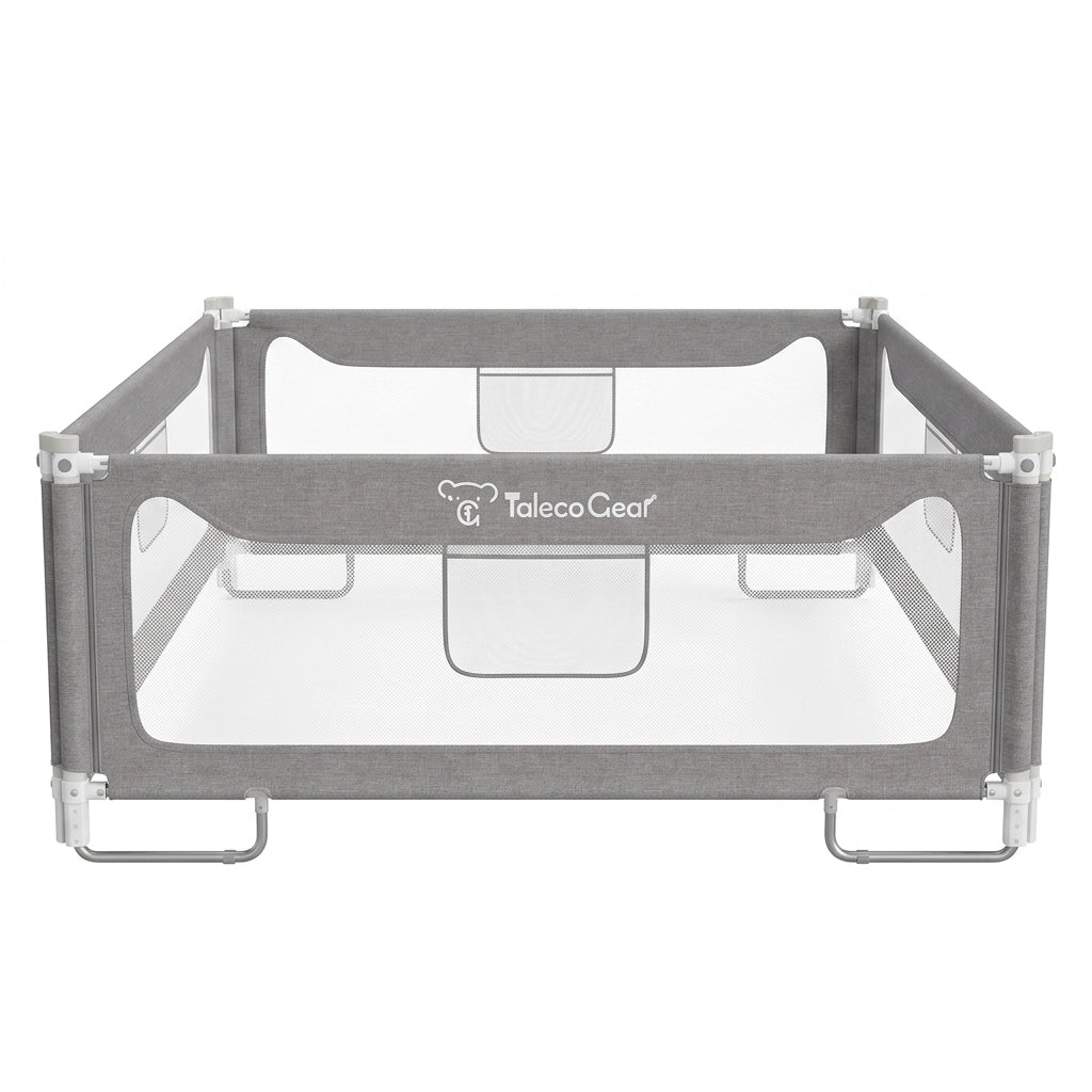 A studio product view of the Kouvr SlumberHaven toddler bed rail guard arranged as a complete four-sided freestanding square safety enclosure with clear mesh panels.