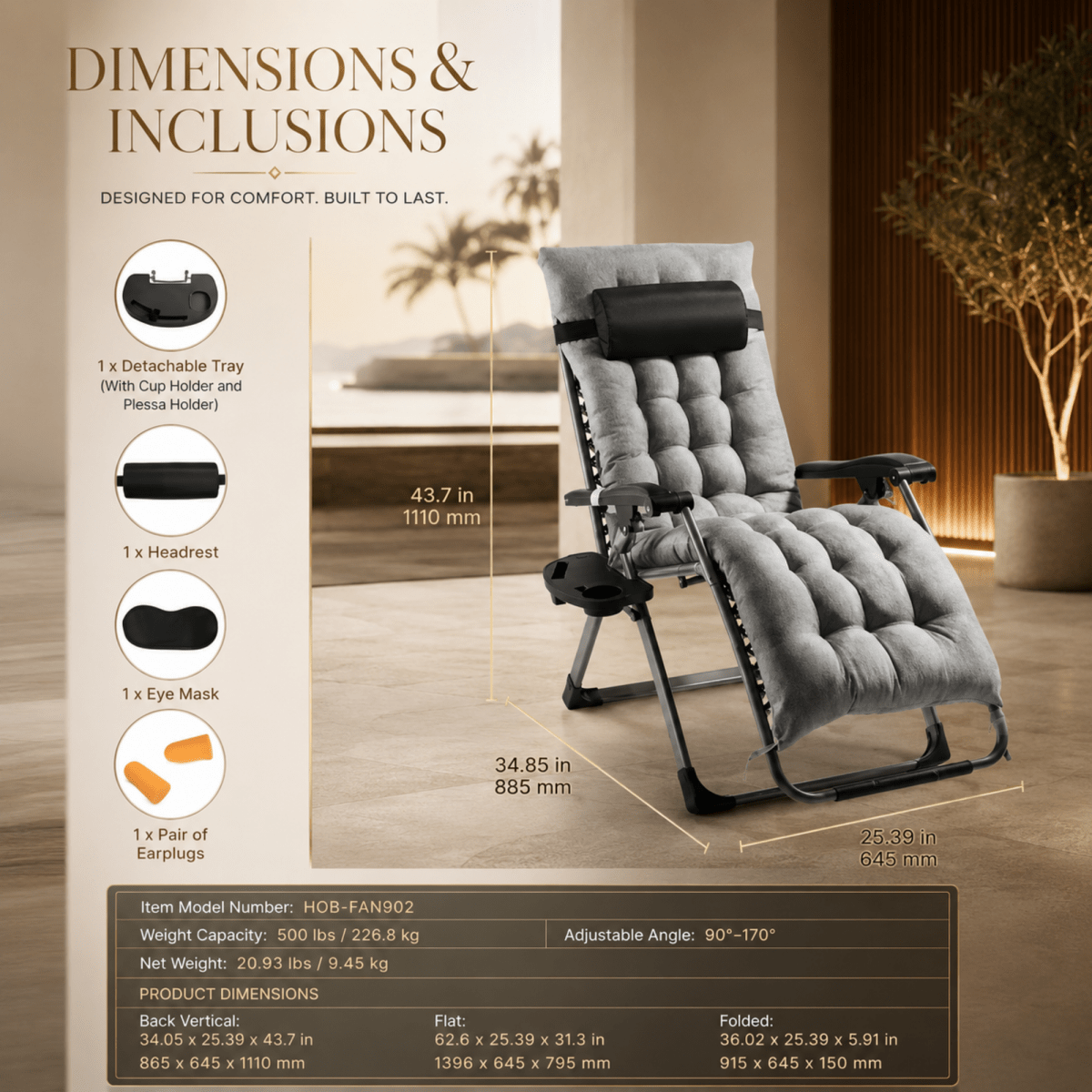 A recliner chair shown in a furnished room with overlaid dimension callouts and product features. The image includes text reading 'DIMENSIONS & INCLUSIONS,' listing included accessories such as a detachable tray, headrest, eye mask, and earplugs, plus measurements for the chair and product dimensions.