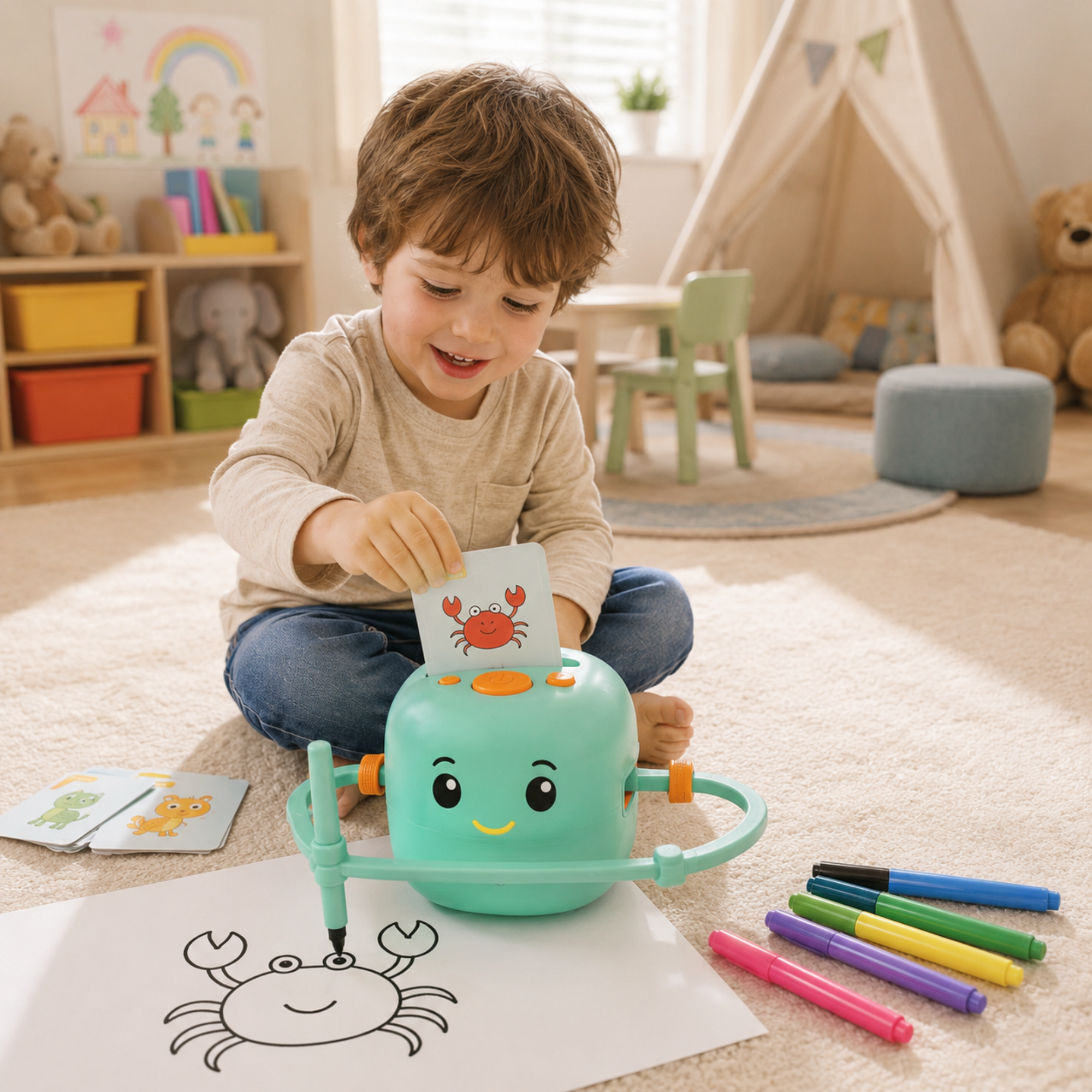 A young child sits on a carpeted floor in a playroom, interacting with a mint green crab drawing toy. The toy has a smiling face, a crank handle, and a slot where the child inserts a crab card.