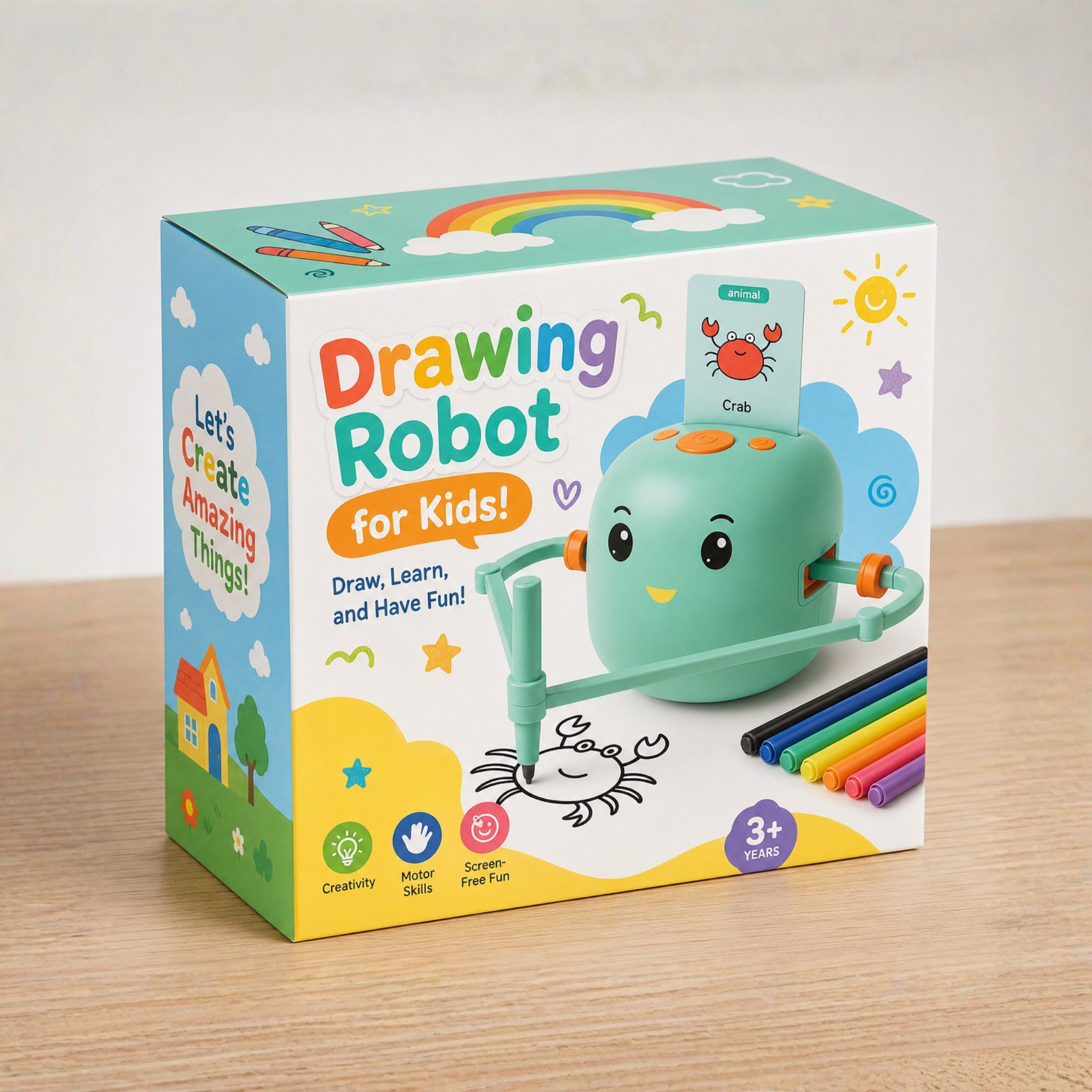 A boxed children's drawing robot toy set on a light wood surface against a soft beige background. The box is predominantly white and light blue with colorful graphics, including a rainbow, sun, house, and icons for creativity, motor skills, screen time, and age 3+.