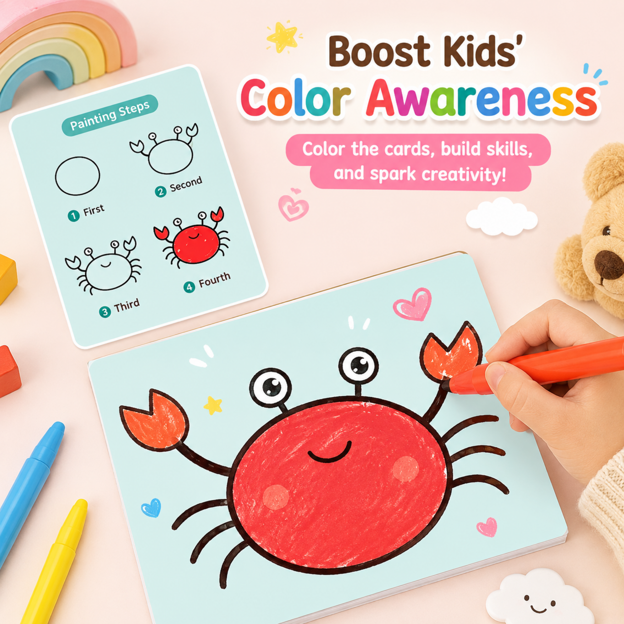 Kids' color awareness painting cards shown in a styled scene with a hand coloring a red crab on a light blue card. A step-by-step crab drawing guide card appears at upper left, colorful markers are at the lower left, and a teddy bear is partially visible at right.