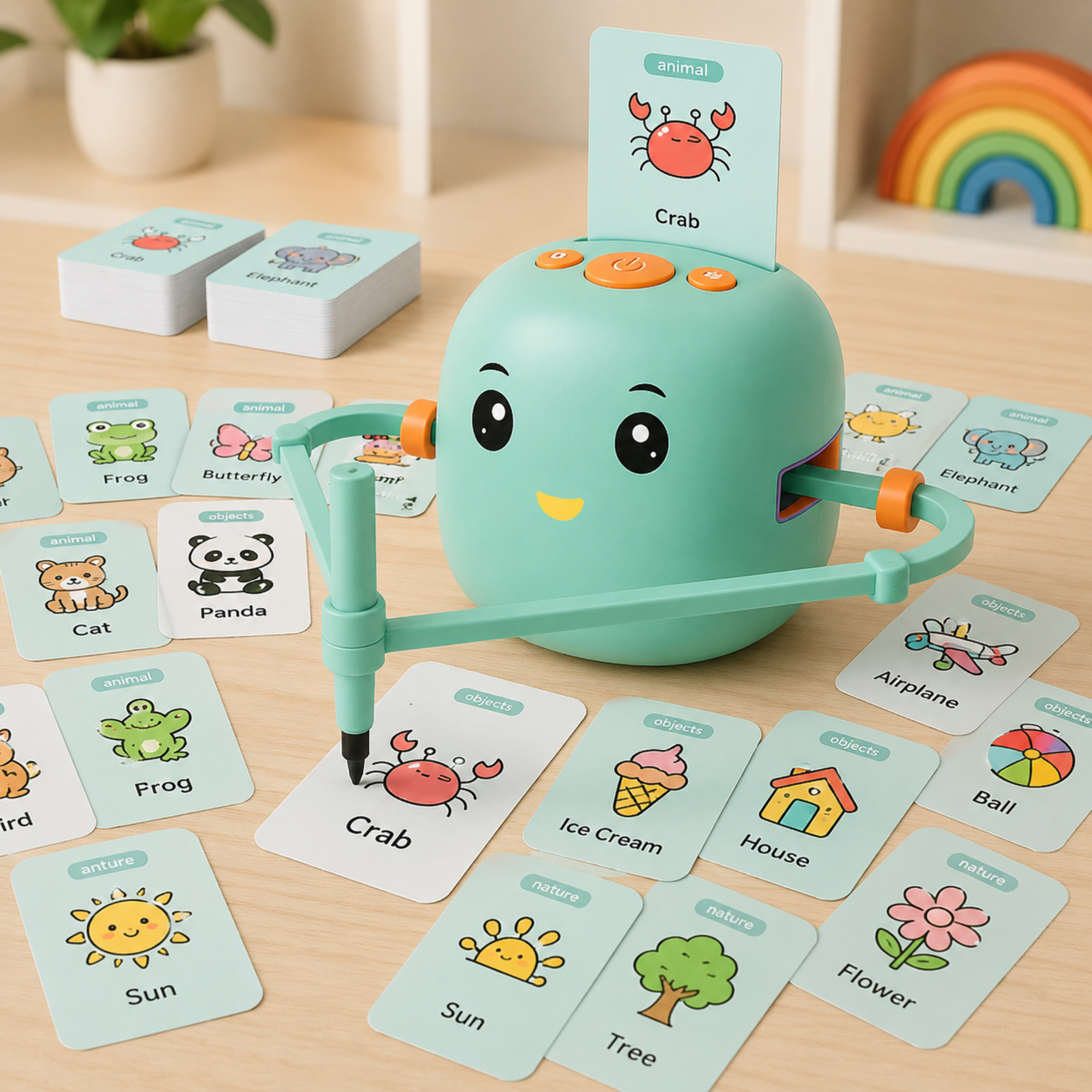 A children's educational card game set featuring a mint green robotic character card holder with a writing arm and marker, surrounded by illustrated flashcards on a light wood tabletop.