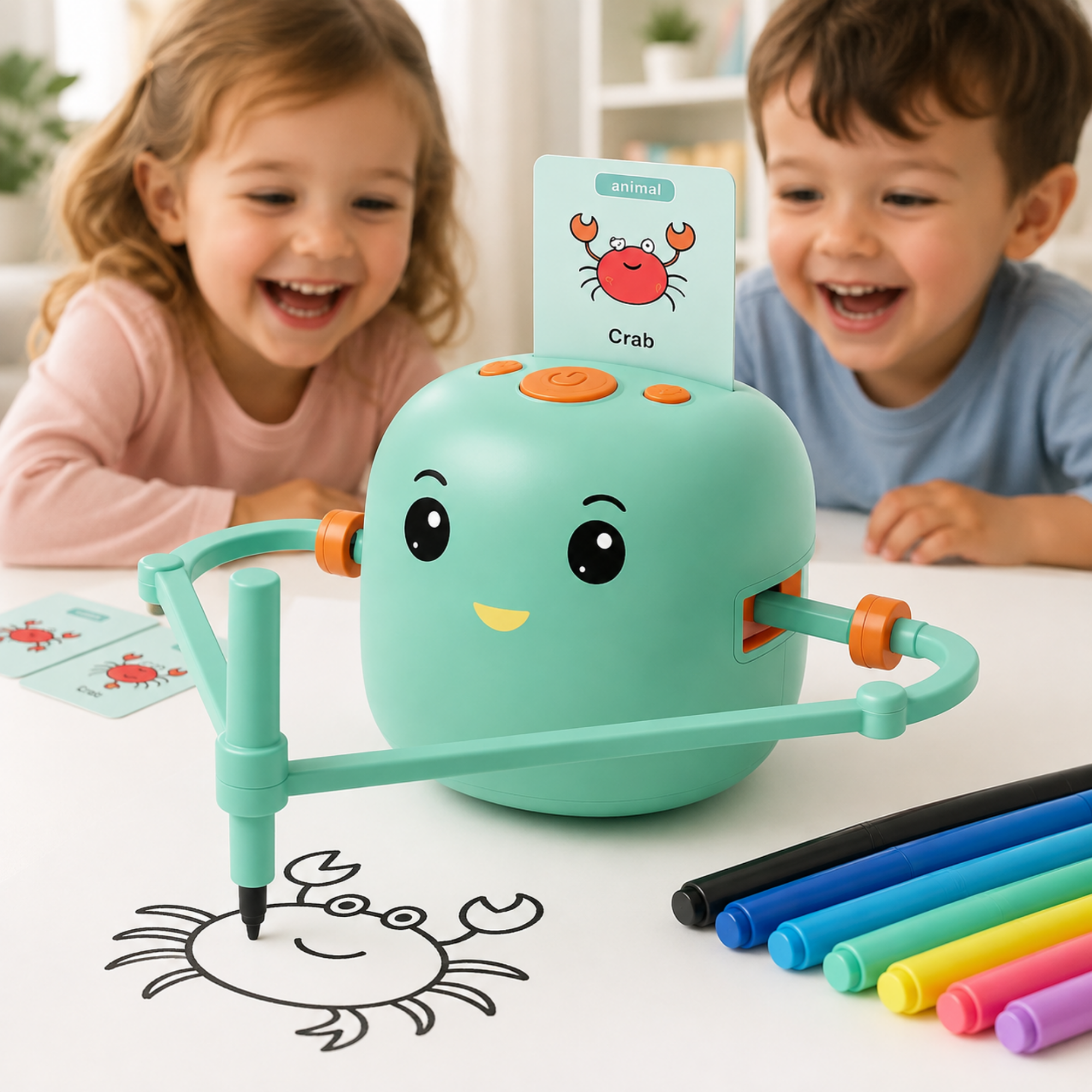 A children's drawing toy with a mint-green crab-shaped robot and colorful markers on a white table, with two smiling children visible in the background.