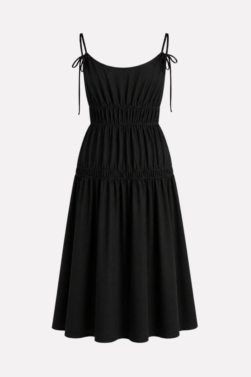Ghost mannequin back view of black tiered midi dress with tie straps