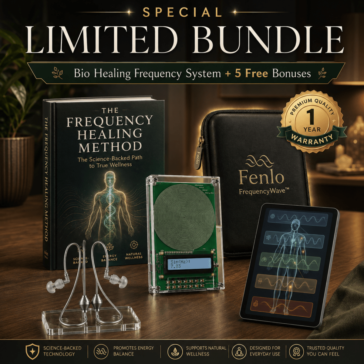 Feno FrequencyWave bio healing frequency system special limited bundle, featuring a book, carrying case, electronic device, ear hooks, and a tablet on a wooden table with promotional text overlays.