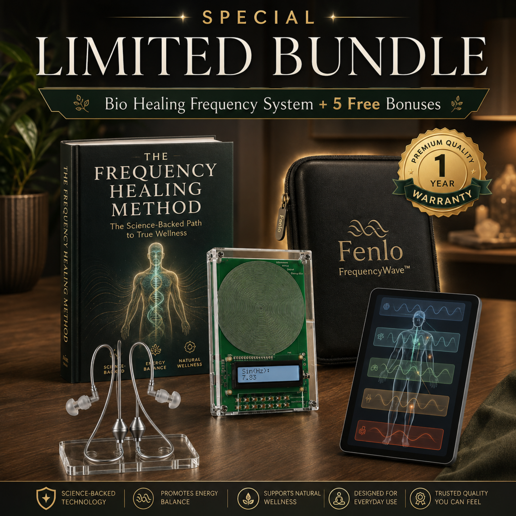 Feno FrequencyWave bio healing frequency system special limited bundle, featuring a book, carrying case, electronic device, ear hooks, and a tablet on a wooden table with promotional text overlays.