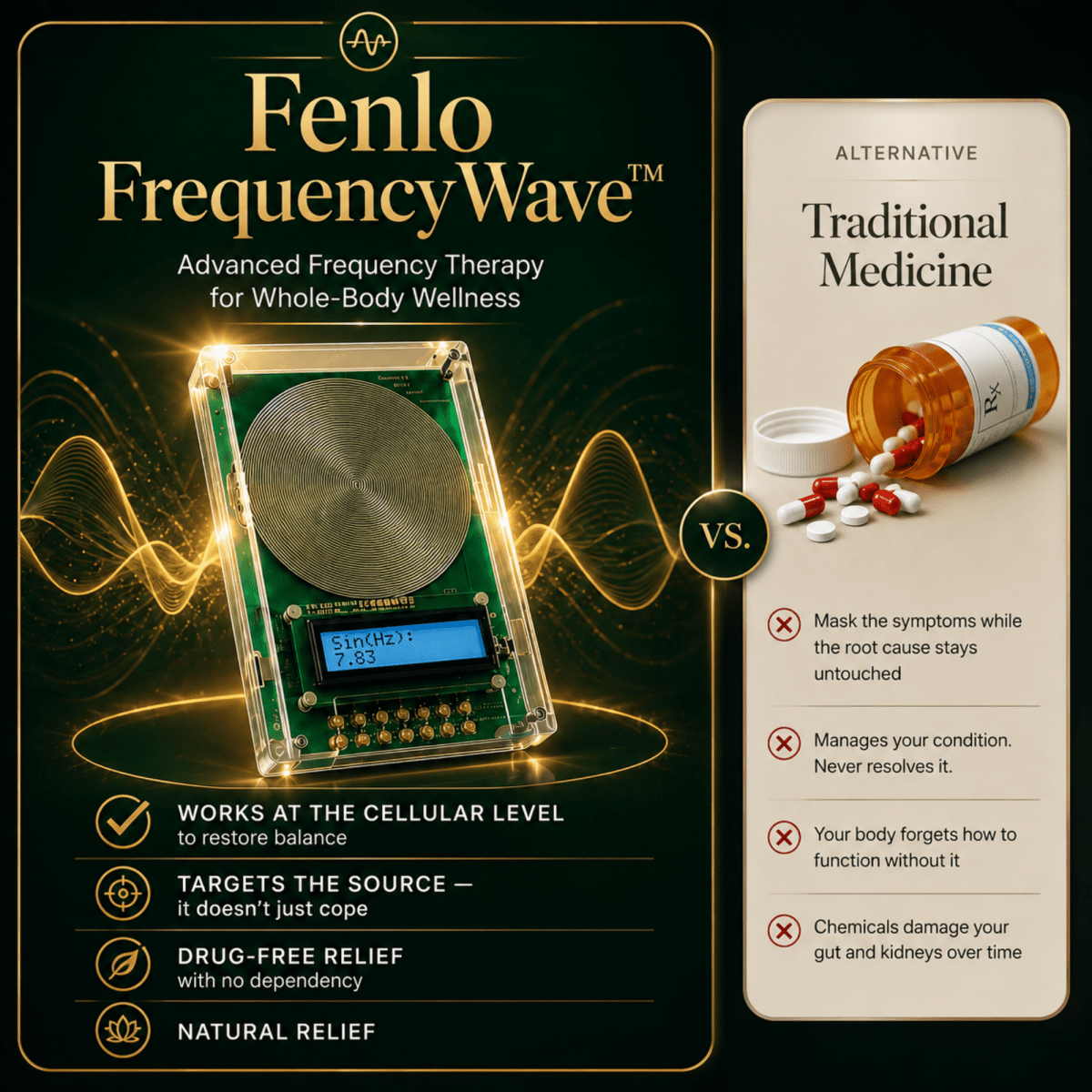 Promotional graphic for the Fenlo FrequencyWave device, showing a green and gold electronic wellness device on a dark gold background with glowing wave graphics. A side panel compares it to traditional medicine with text and pill bottle imagery.
