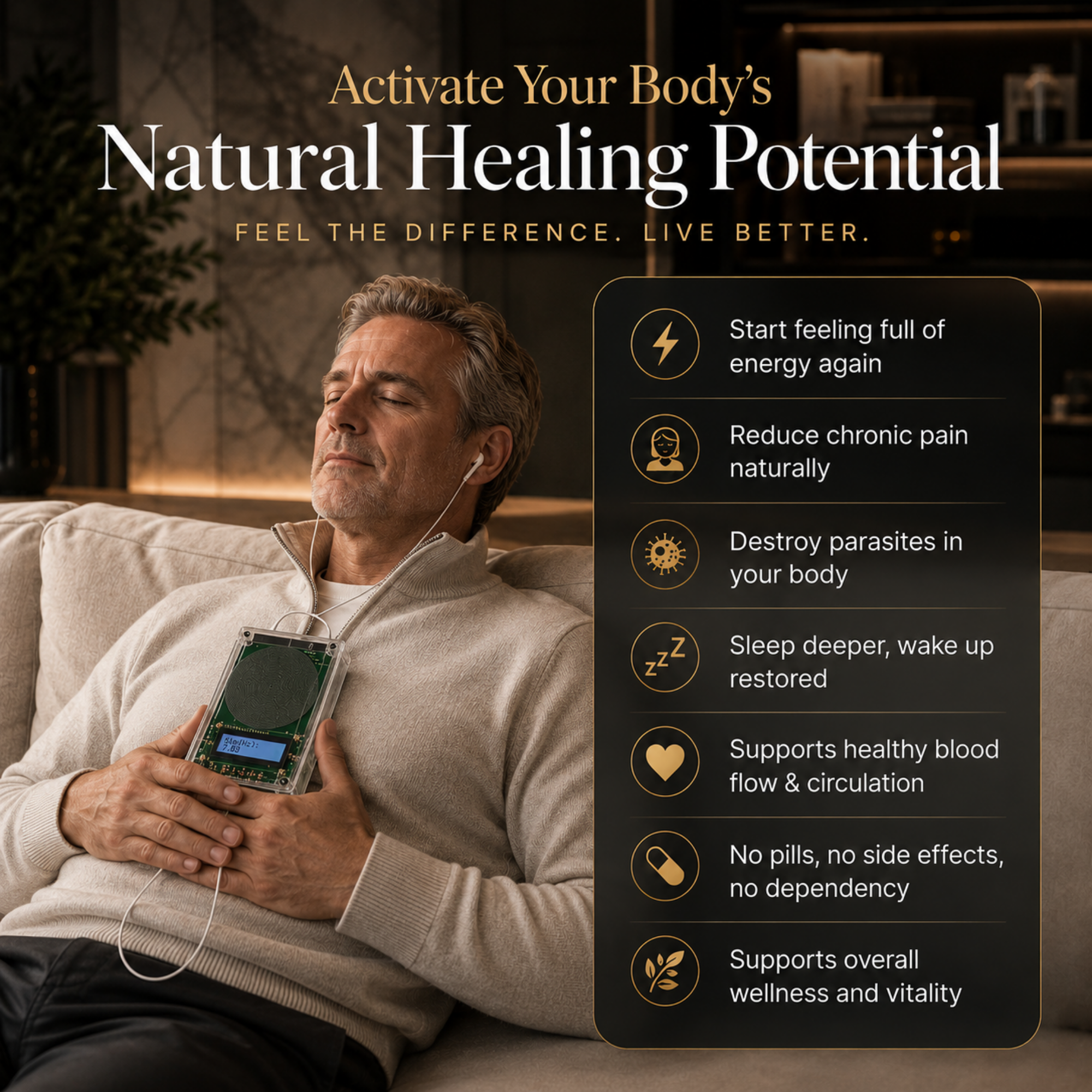 A man reclining on a couch holding a handheld electronic device with earphones, set in a cozy living room. Large text at the top reads 'Activate Your Body's Natural Healing Potential,' and a dark panel on the right lists wellness benefits with icons.