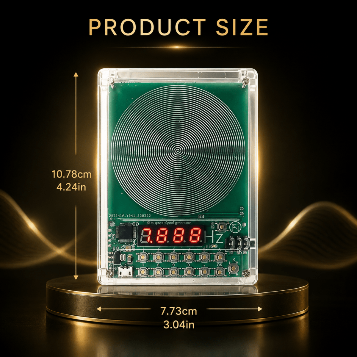 Product size diagram showing a rectangular electronic device with a green printed circuit board, a large spiral coil on the front, a red LED display, and a transparent outer casing, standing on a round metallic base. Text overlays indicate dimensions: 10.