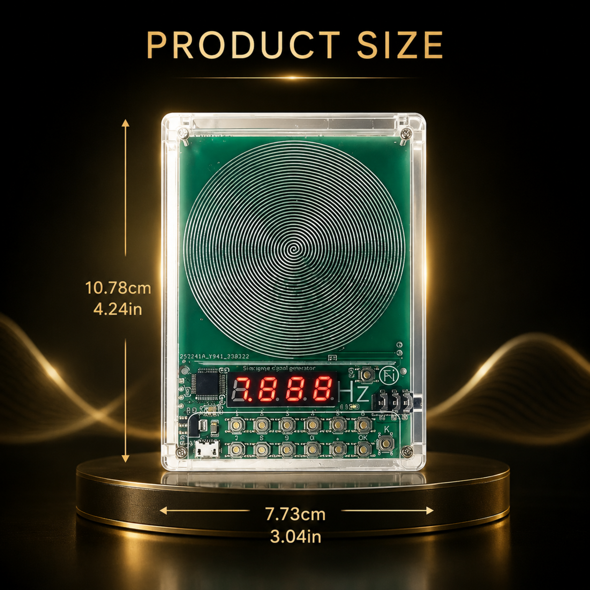 Product size diagram showing a rectangular electronic device with a green printed circuit board, a large spiral coil on the front, a red LED display, and a transparent outer casing, standing on a round metallic base. Text overlays indicate dimensions: 10.