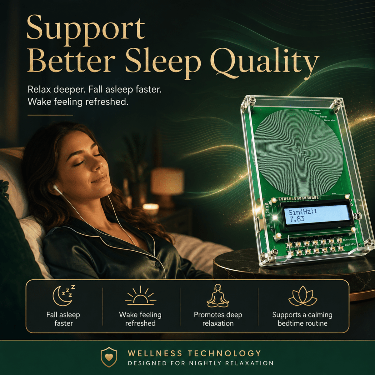 A woman relaxes in bed wearing earbuds beside a transparent electronic sleep device with a circular cushion and small display. Large text reads 'Support Better Sleep Quality' with additional marketing copy and feature icons along the bottom.