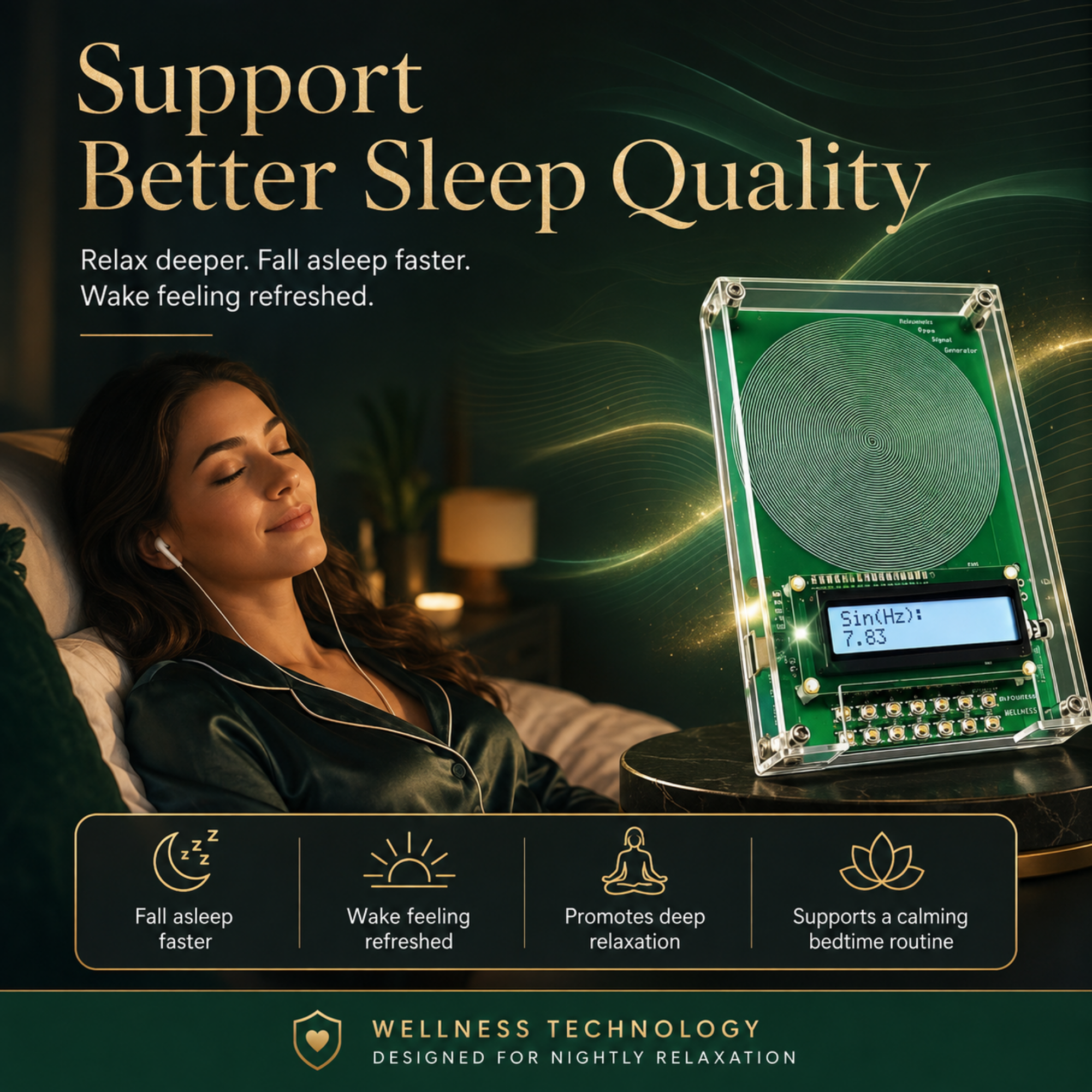 A woman relaxes in bed wearing earbuds beside a transparent electronic sleep device with a circular cushion and small display. Large text reads 'Support Better Sleep Quality' with additional marketing copy and feature icons along the bottom.