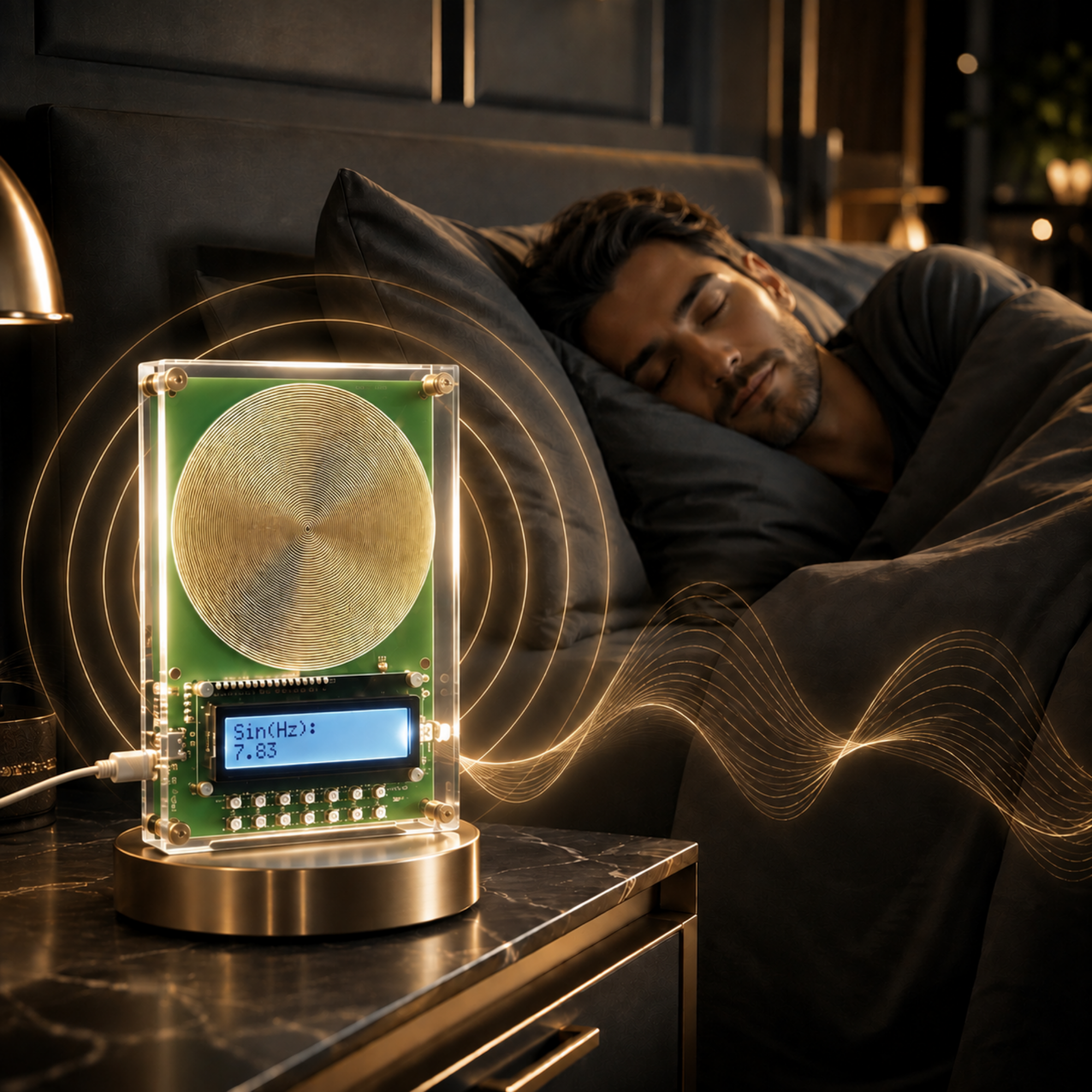 A sleep sound machine on a bedside table next to a sleeping man in bed. The device has a clear acrylic body, a gold-toned base, a green circuit board, and a small blue LCD screen displaying 'SleepMachine' and '2:58'.