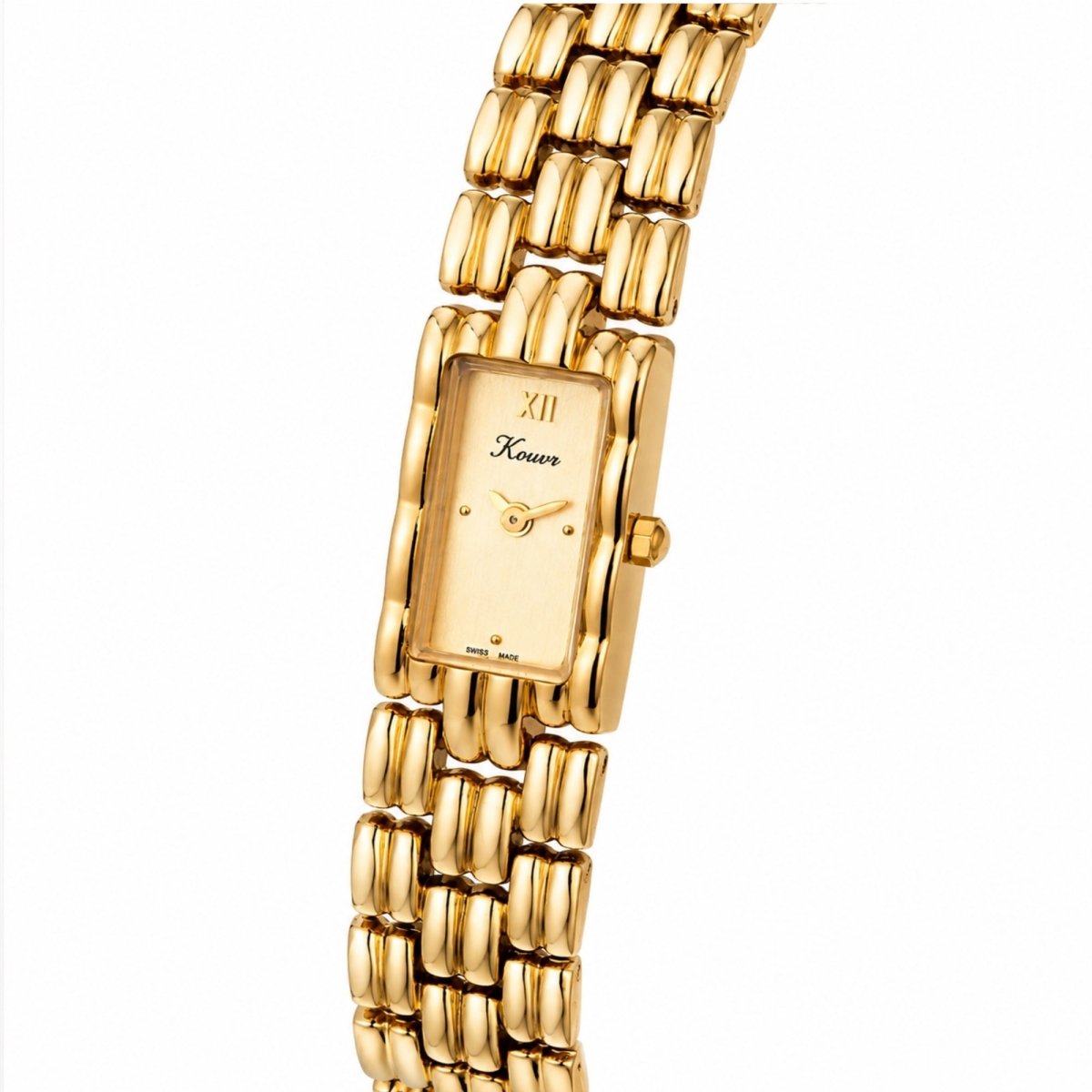 Close up angled profile of the Kouvr gold rectangular watch highlighting the scratch resistant crystal glass and highly polished stainless steel case.