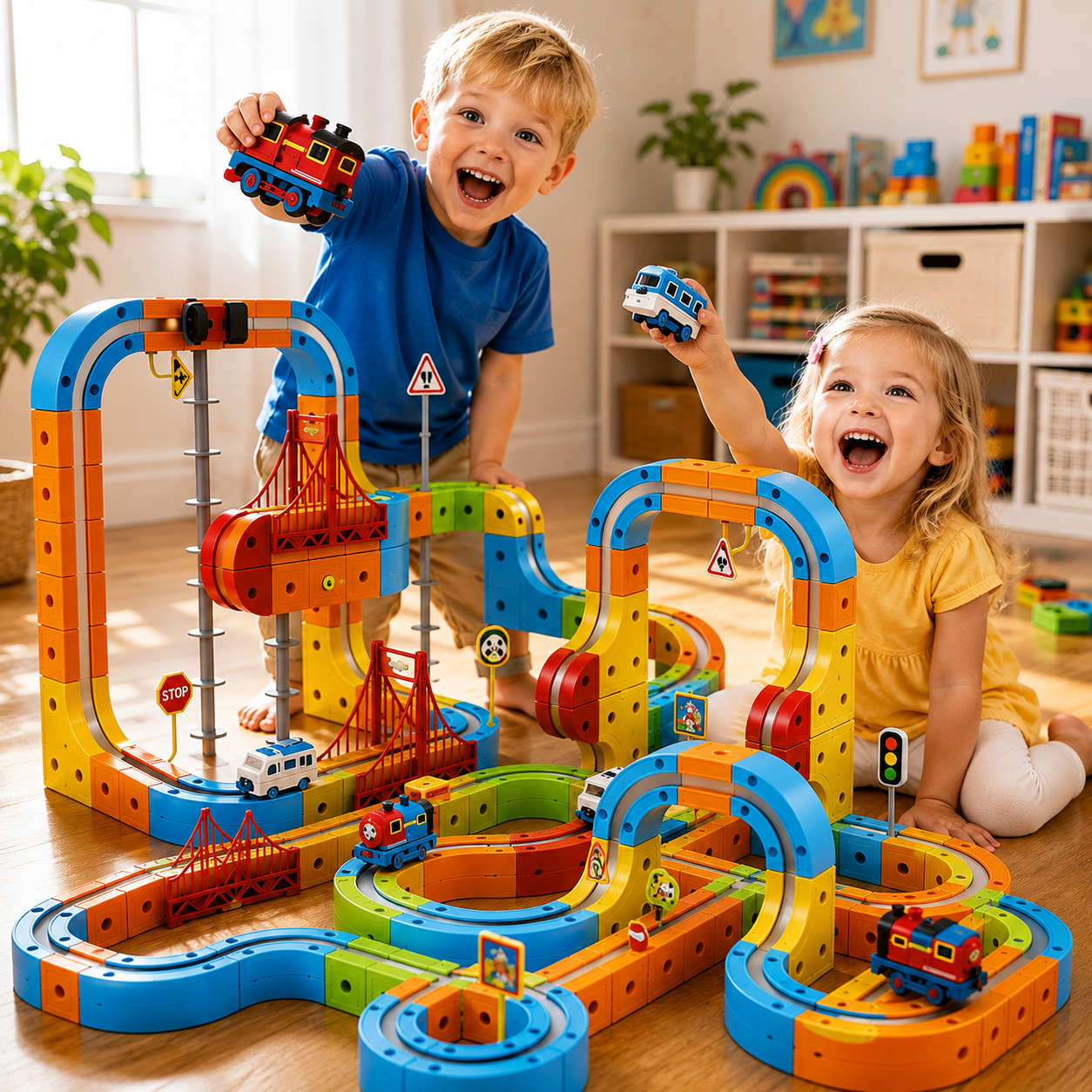 Two children playing with a colorful magnetic toy train track set in a bright playroom. The large track features loops, bridges, and curves in blue, orange, yellow, and green, with small train cars attached.
