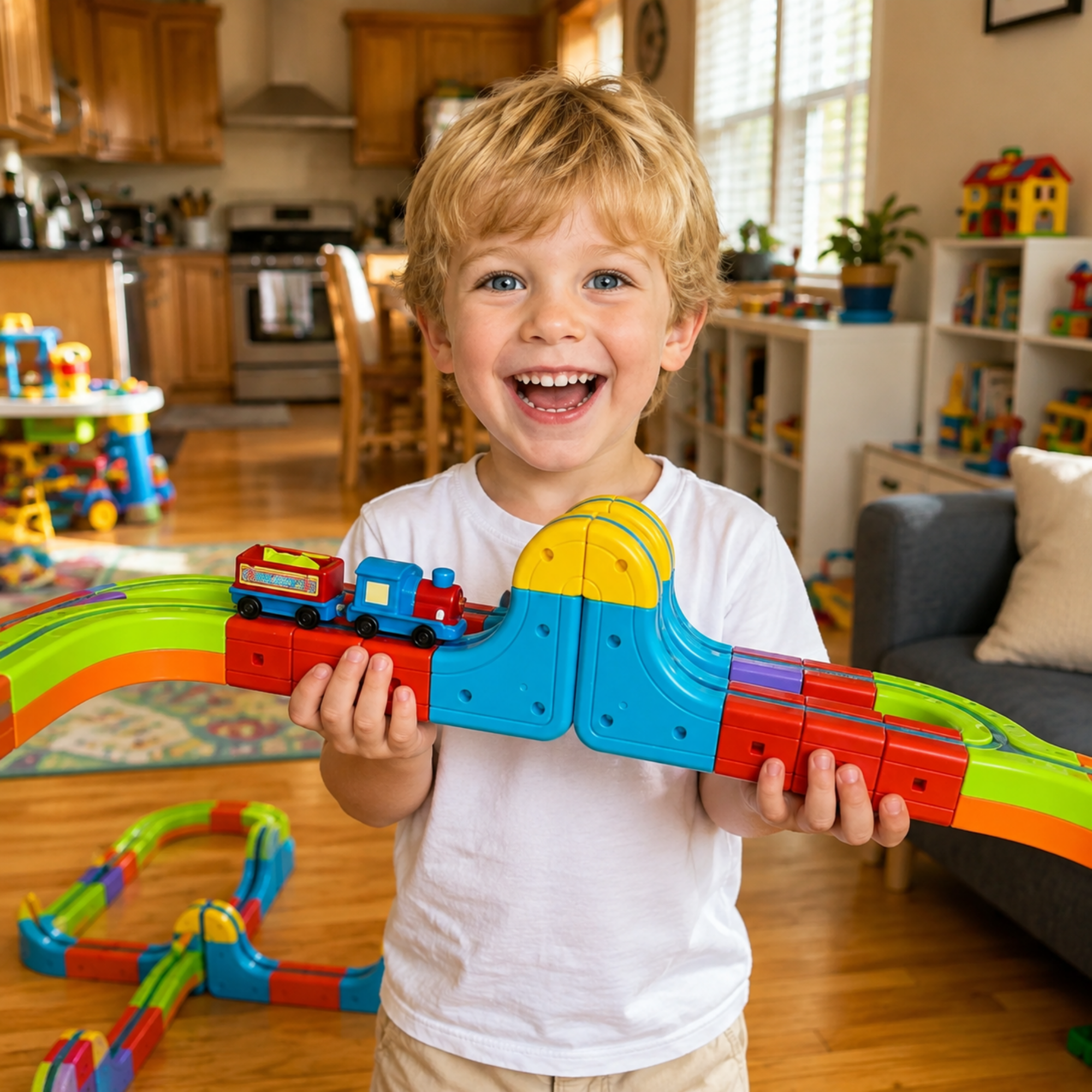 A young blonde boy in a white t-shirt smiles while holding a colorful plastic train track set with a small blue and red train in a bright, modern playroom.
