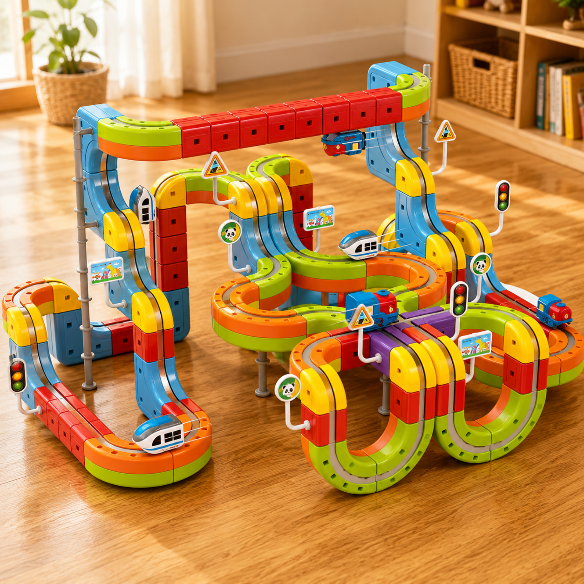 A colorful children's magnetic train track set arranged on a wooden floor in a bright room. The set includes curved and straight tracks, ramps, loops, small train cars, and signal posts.