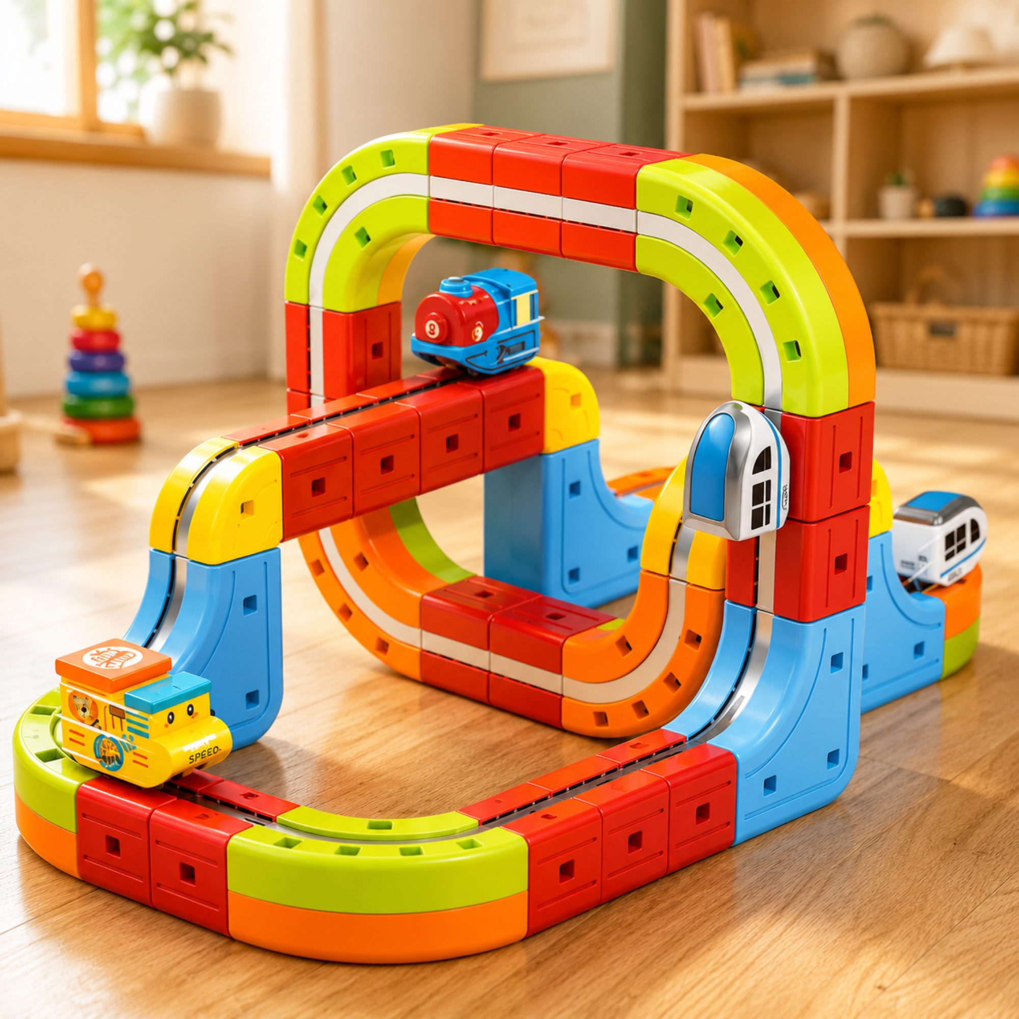 A colorful children's toy train track set with curved and looped plastic rails in red, orange, yellow, green, and blue, with small toy trains placed on the track in a bright indoor room.