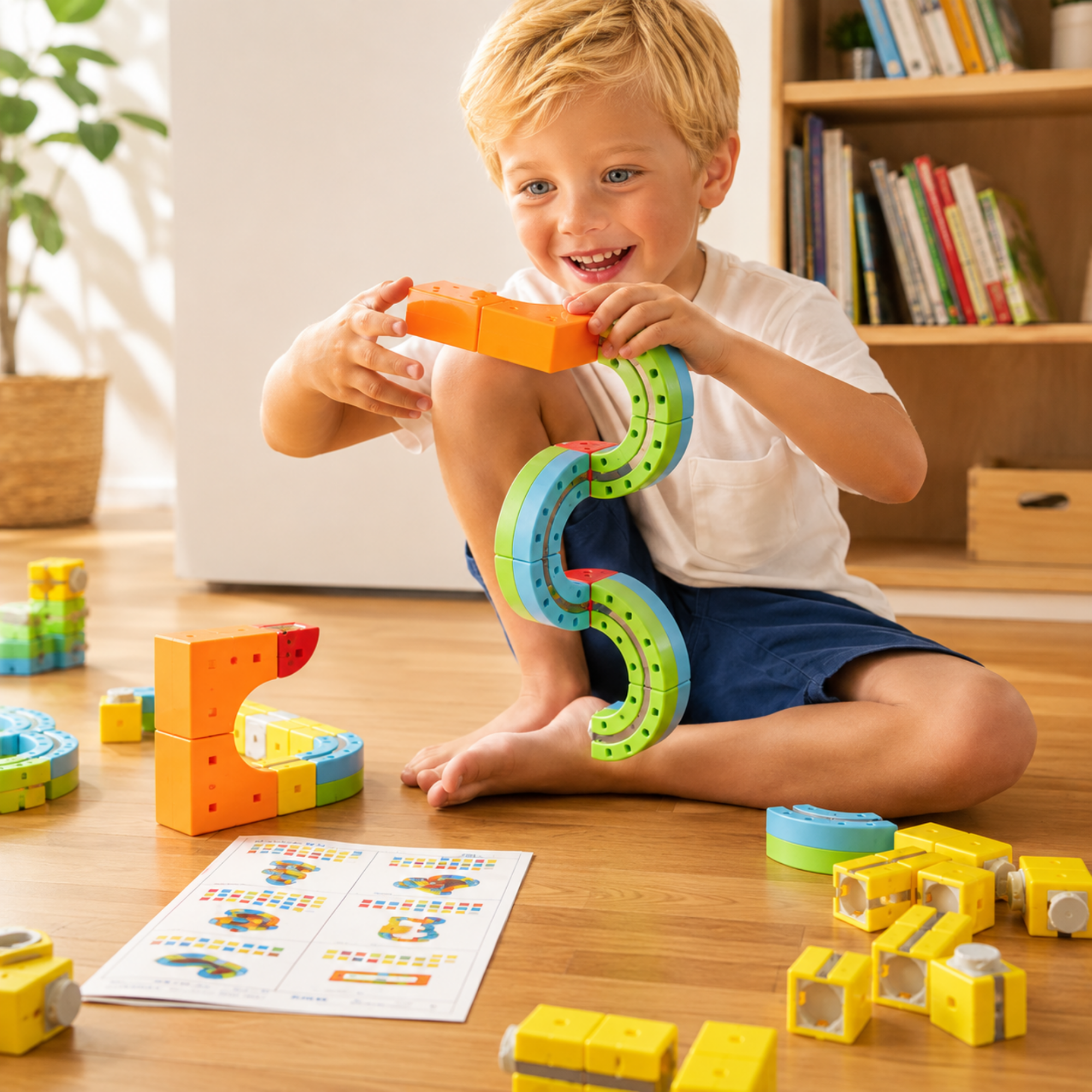 A young boy sitting on a wooden floor in a bright room, smiling as he builds with colorful magnetic shape blocks. A printed instruction sheet lies on the floor nearby, along with scattered yellow and blue blocks.