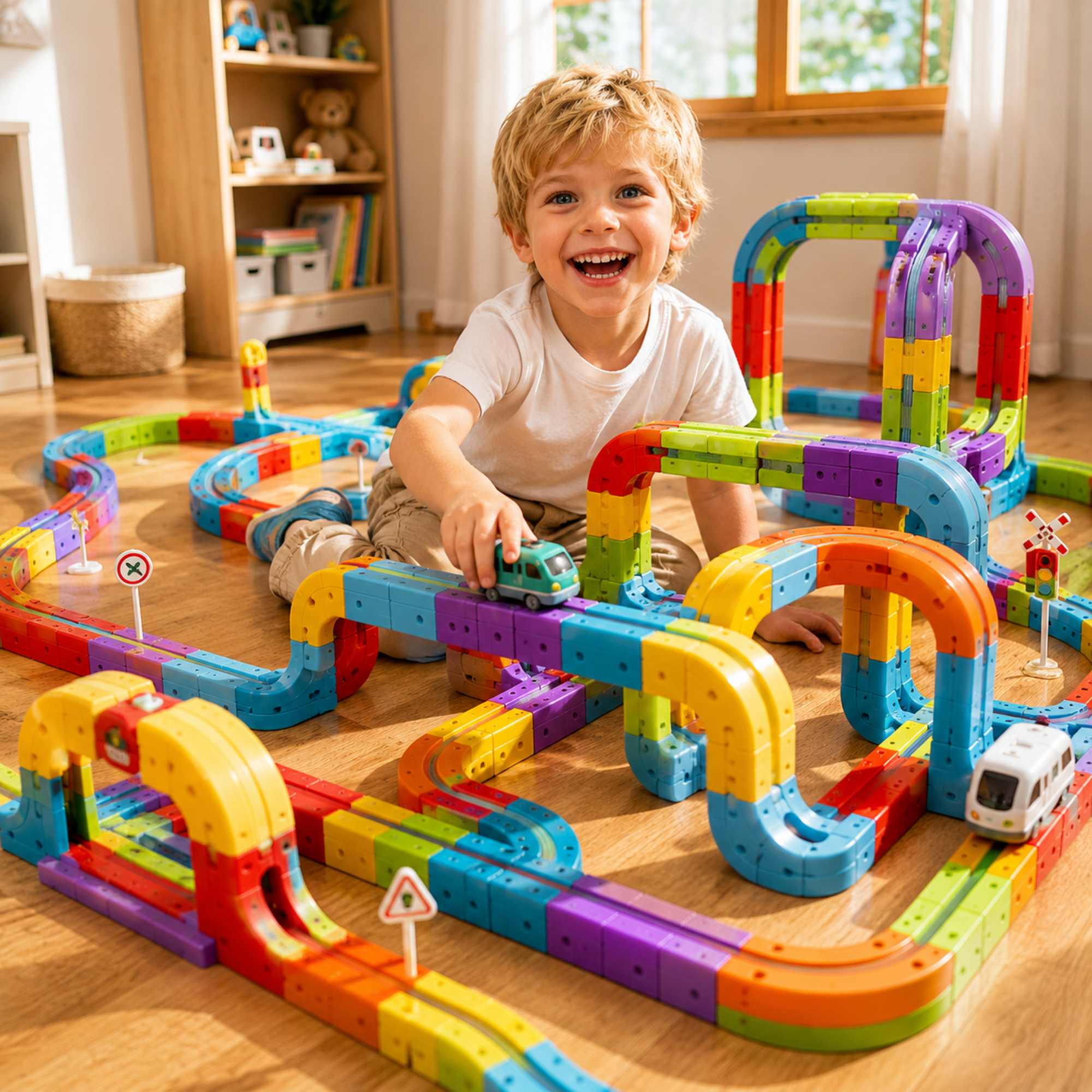 A young boy with blond hair sits on a wooden floor, smiling and playing with a colorful magnetic toy train track set. The track features bright rainbow-colored blocks in yellow, orange, green, blue, purple, and red, with small toy trains running on the tracks.