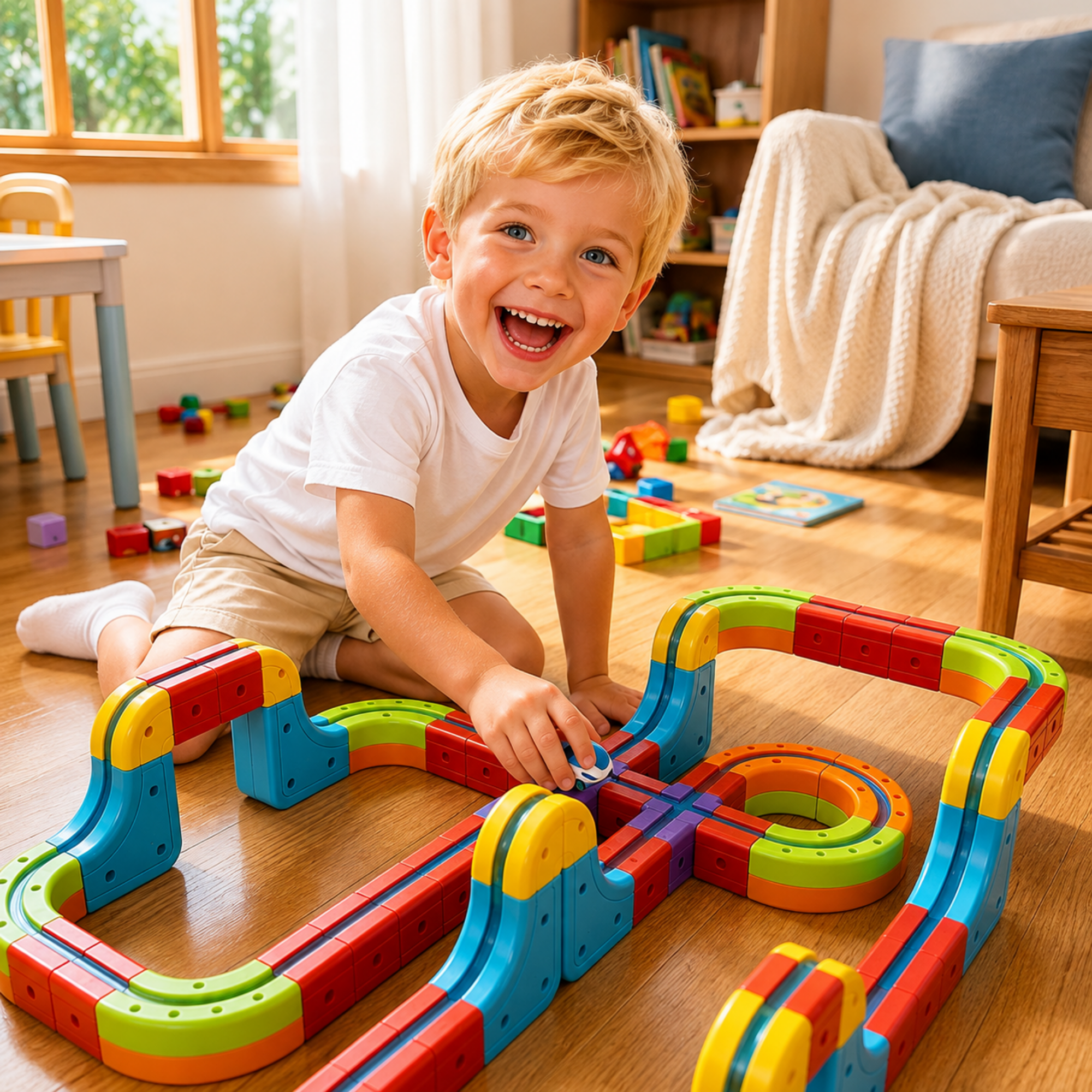 A young blonde boy smiling and laughing while playing with a colorful magnetic toy train track set on a wooden floor in a bright children's room.
