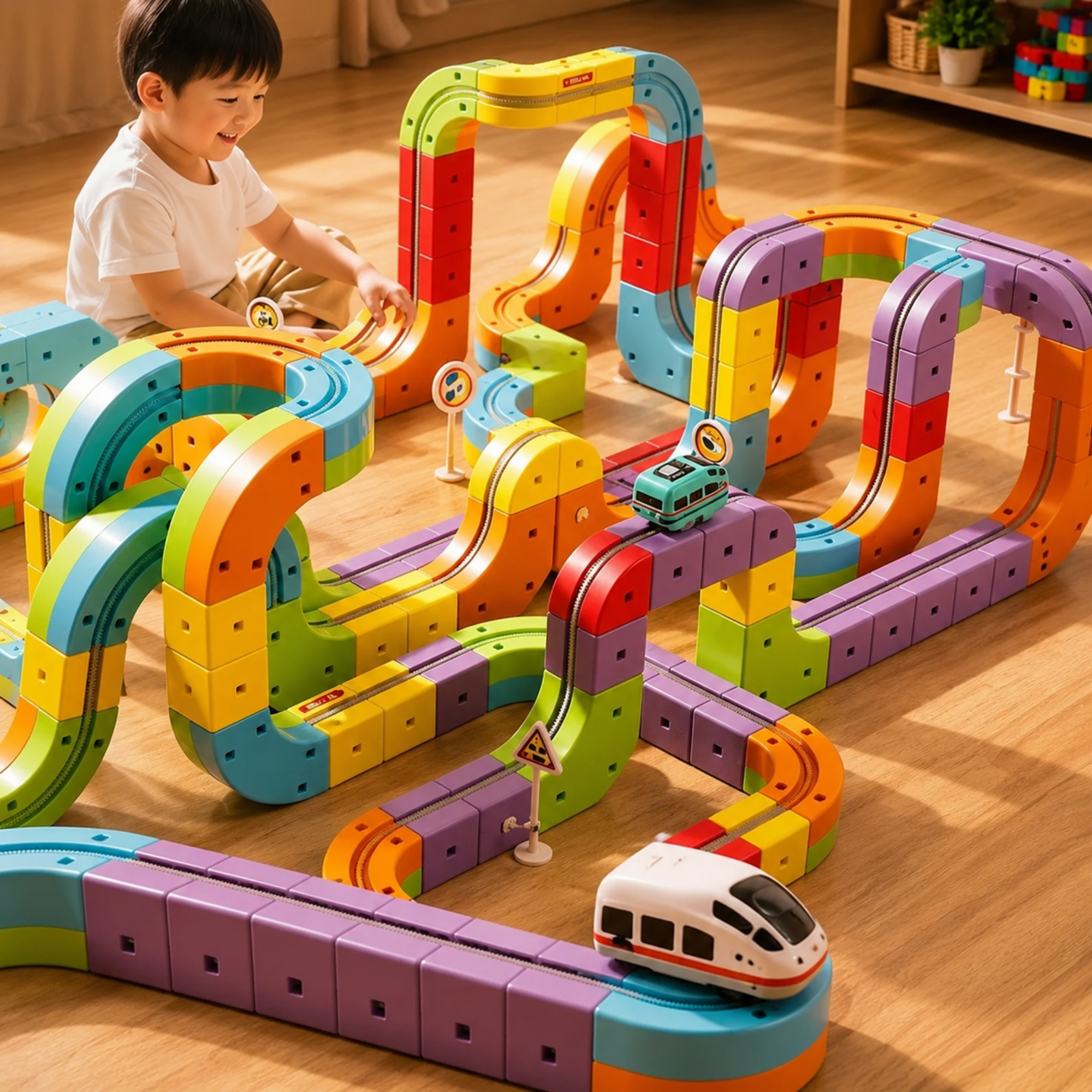 A young child is playing with a colorful magnetic block train track set on a wooden floor. The toy set includes curved tracks, loops, straight sections, and small train cars in bright colors like purple, orange, yellow, green, and red.