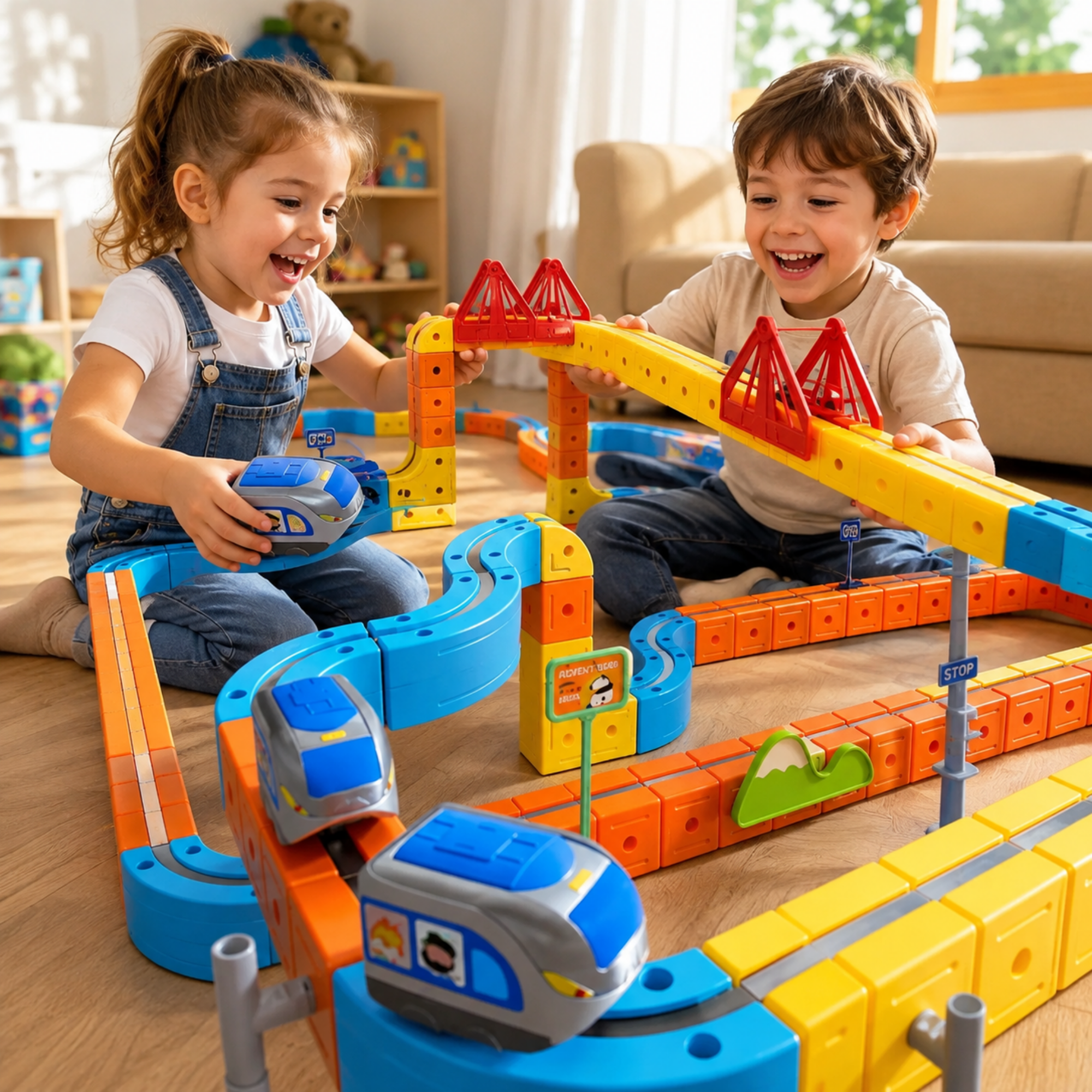 Two children sitting on a wooden floor playing with a colorful toy train set. The set includes blue, orange, yellow, and red blocks, tracks, and train cars, with the children smiling and laughing while building and operating the trains in a bright, modern living room.