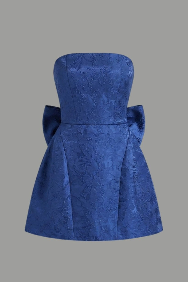 Ghost mannequin front view of blue strapless homecoming dress with contour seaming and flared skirt.