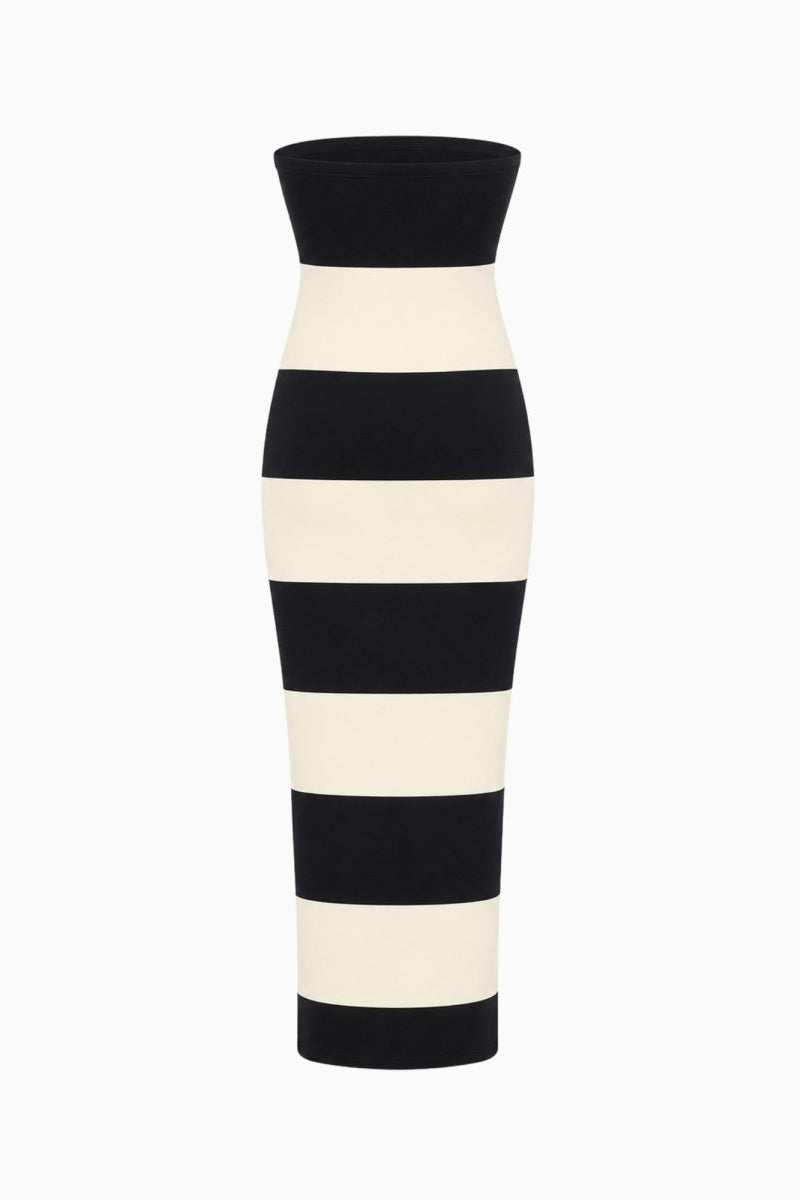 Ghost mannequin back studio view of the premium stretch knit striped tube vacation dress by Kouvr.