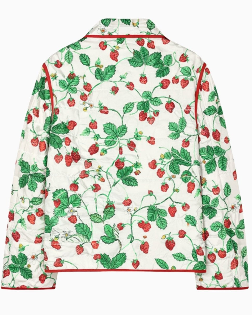 Back flat lay of the strawberry quilted jacket, highlighting the all-over garden print and construction.