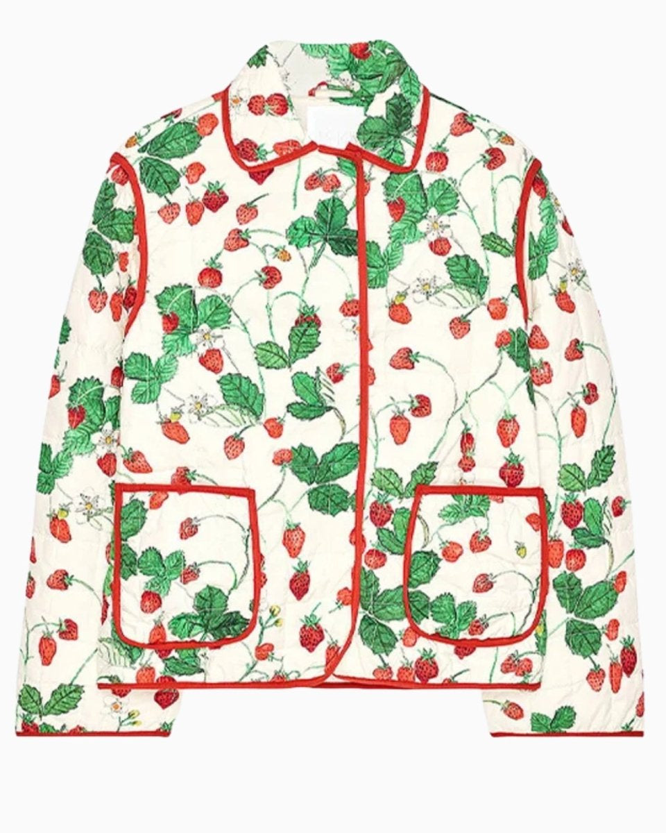 Front flat lay of the strawberry quilted jacket, showing the collar, patch pockets, and red piping detail.