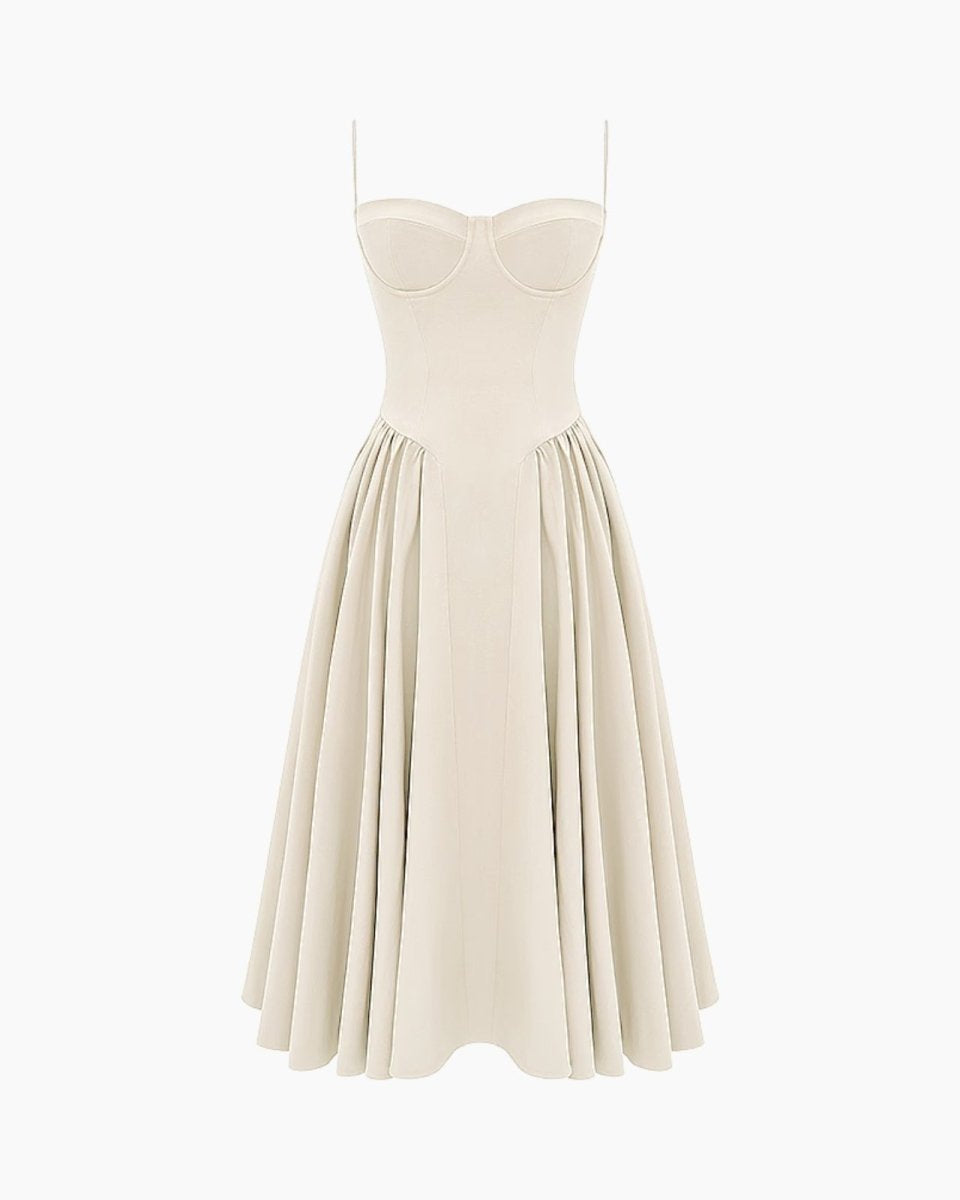 Product shot of the ecru bustier midi dress on a white background, highlighting the structured bodice.
