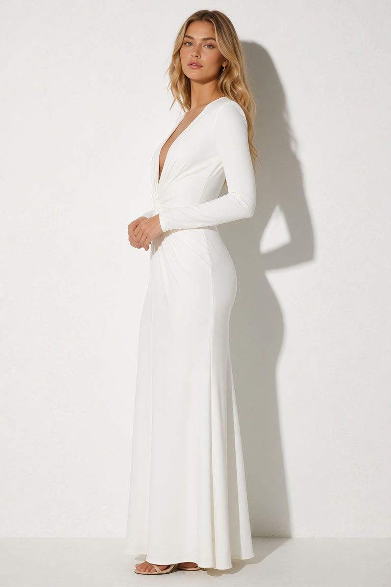 Betty – Robe longue drapée à manches longues et fente haute
